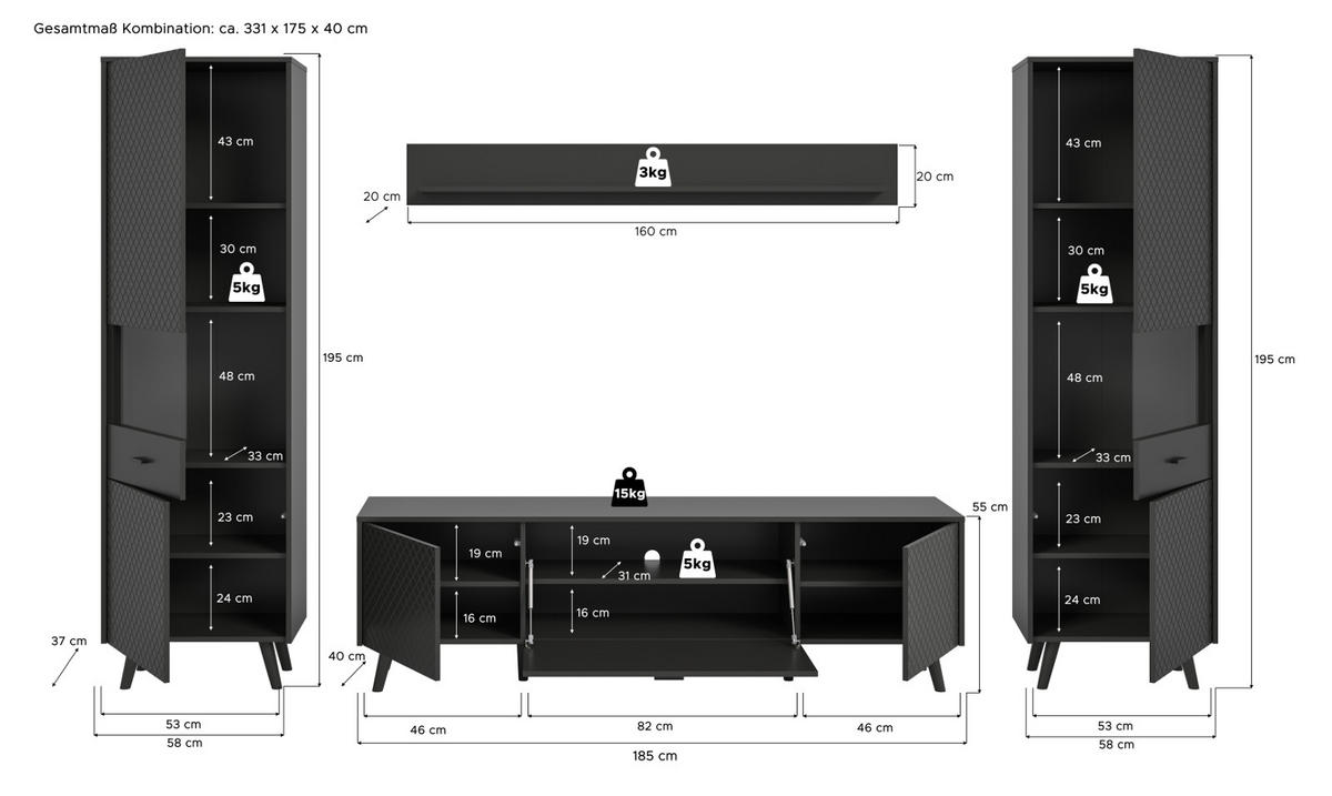 WOHNWAND grau matt 4-teilig 331 cm, Schrankwand mit Struktur - Schwarz/Grau, Glas/Holzwerkstoff (331/195/40cm) - Inn.Furn