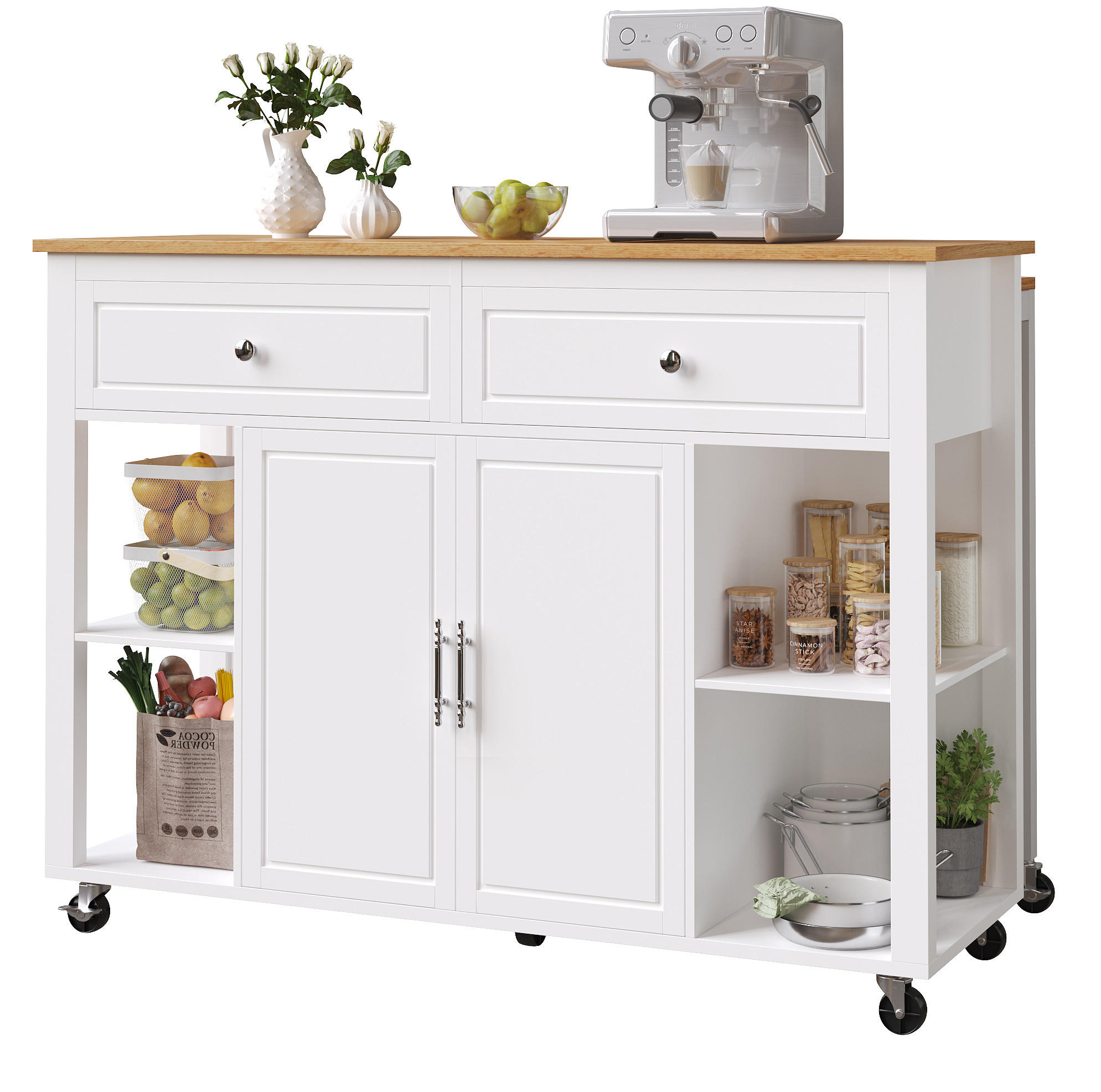 MOBILER Servierwagen 120x81.5x92cm Weiß mit 2 Schubladen & 7 Rollen - Weiß, Holzwerkstoff (120/92/81.5cm) - Modfu