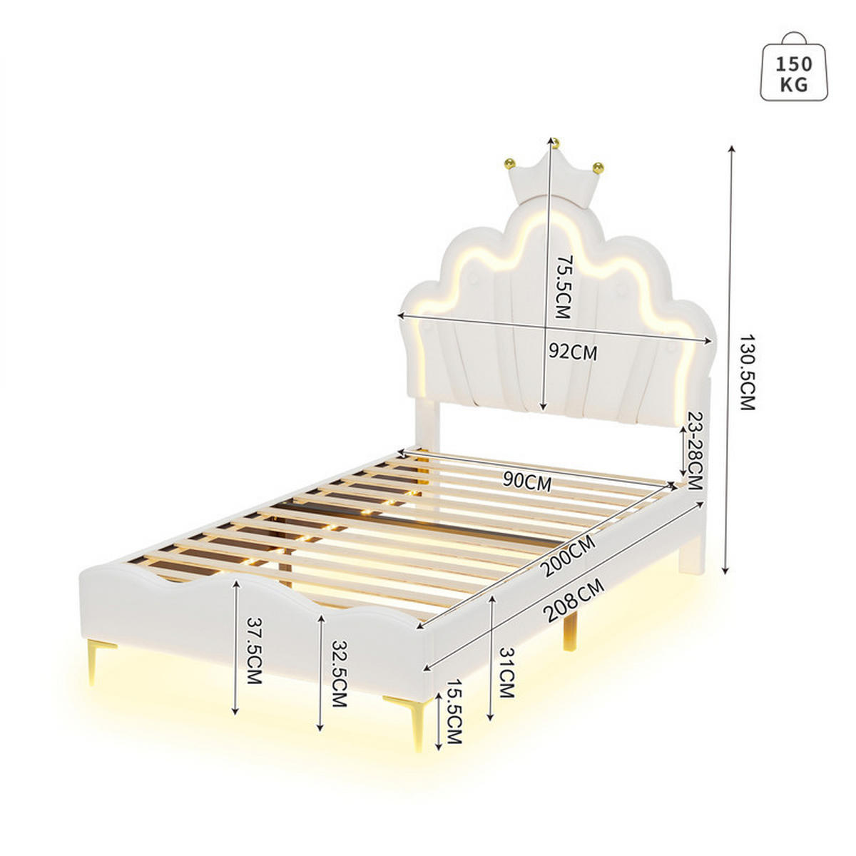 KINDERBETT 90x200 cm, mit LED-Lichtleiste und Lattenrost, PU, Weiß, ohne Matratze - Weiß, Holz (90/200cm) - WoodenAura