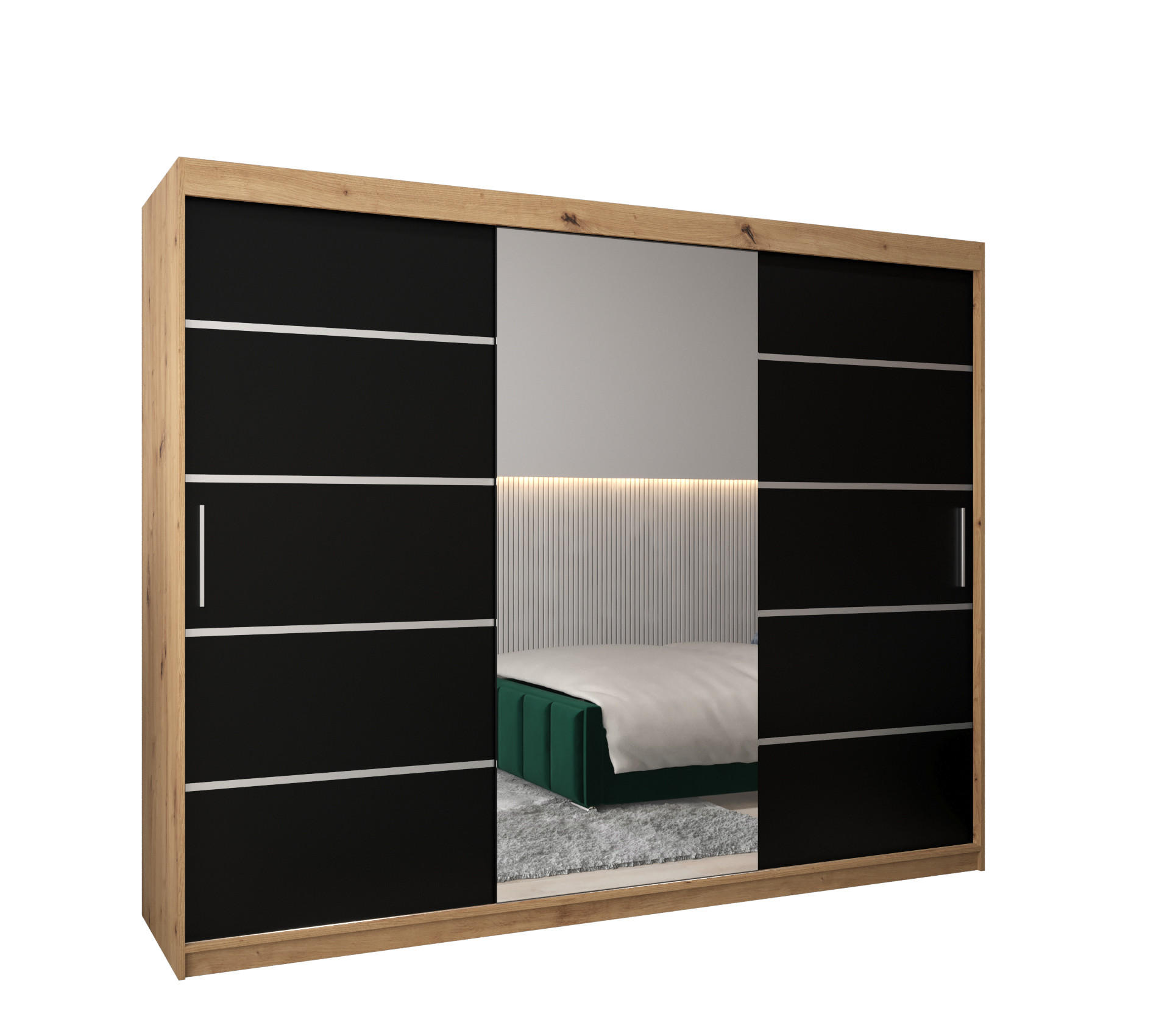 Möbel Kryspol Schwebetürenschrank Eiche Artisan, Schwarz, Silber 250x200x62 cm