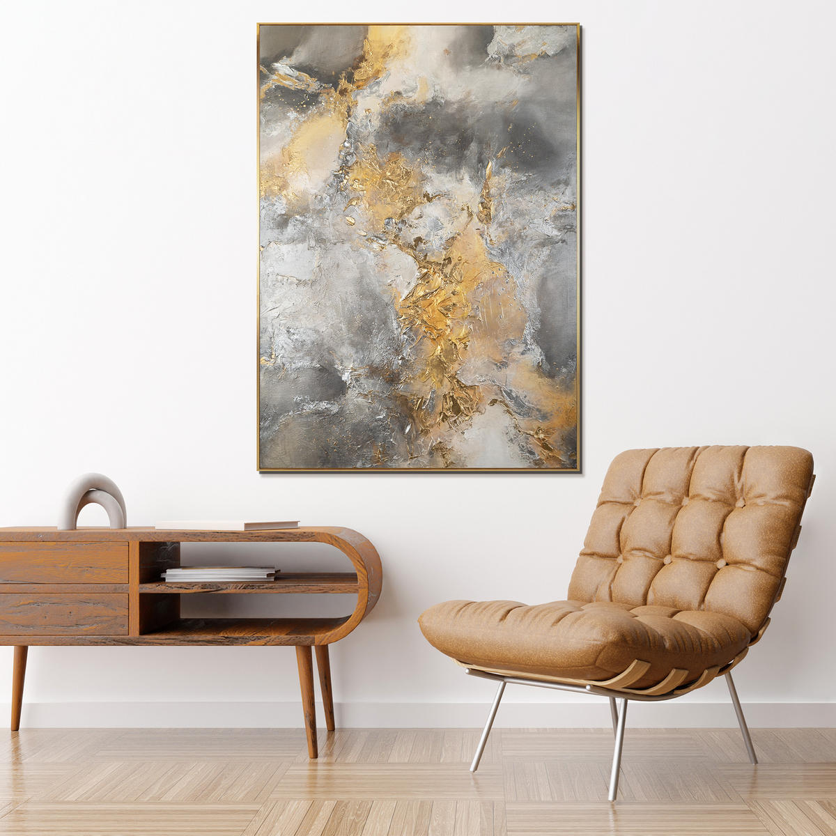 GEMÄLDE Harmonie von Gold und Silber Schattenfugenrahmen Gold 120x80 cm - Goldfarben, Holz (120/80cm) - YS-art gallery