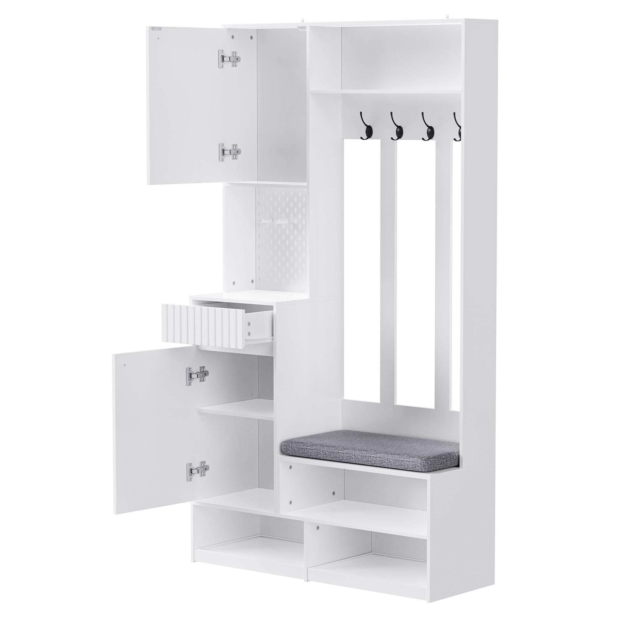GARDEROBENSET 35/100/180 cm mit Sitzbank, 4 Haken, Schubladen und Schrank aus MDF, Weiß - Weiß, Holzwerkstoff (100/180/35cm) - Redom