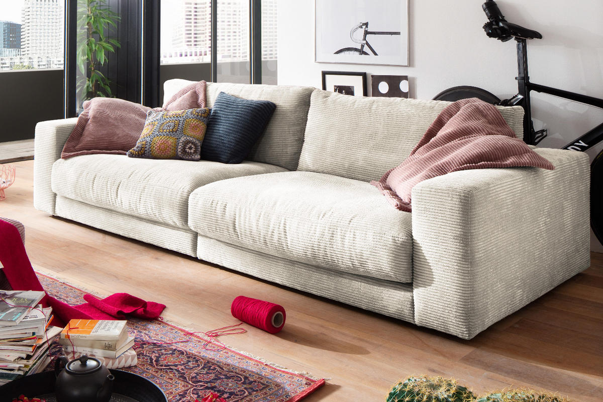 SOFA 3-SITZER MADELINE Cremeweiß Cord - Creme/Schwarz, Textil (290/85/127cm) - KAWOLA