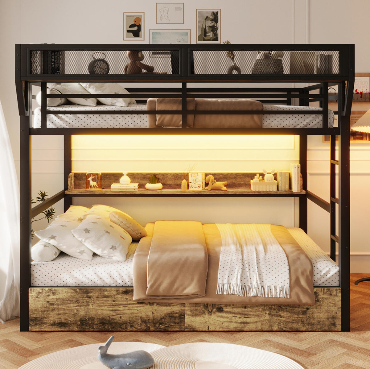 ETAGENBETT 140/200 cm aus Metall und MDF mit LED-Licht und Stauraum Schwarz - Schwarz, Holzwerkstoff (140/200cm) - Modenvie