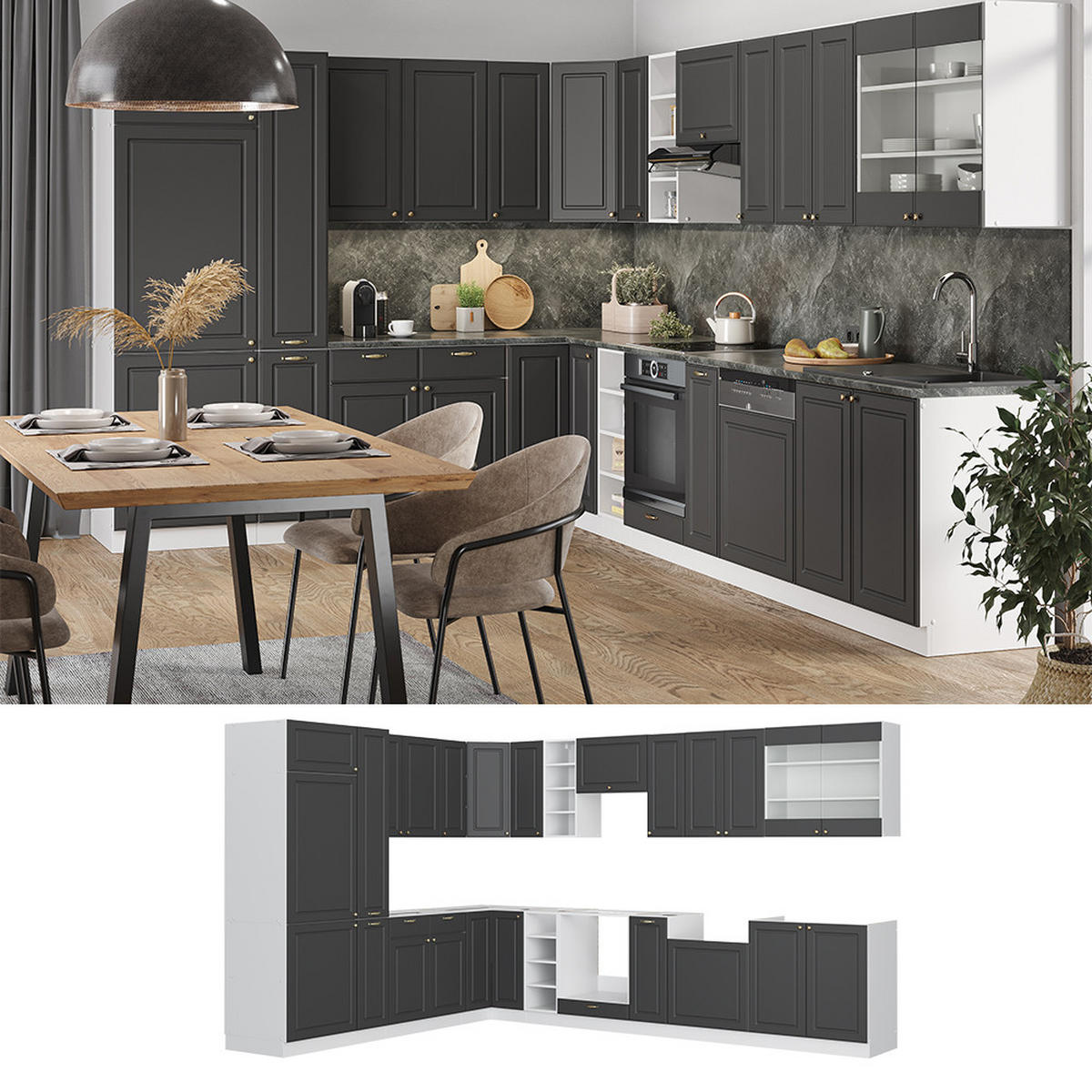 ECKKÜCHE Fame-Line Anthrazit Landhaus/Weiß 347 x 257 cm ohne AP - Dunkelgrau/Weiß, Holzwerkstoff (347/81.6/46cm) - Vicco