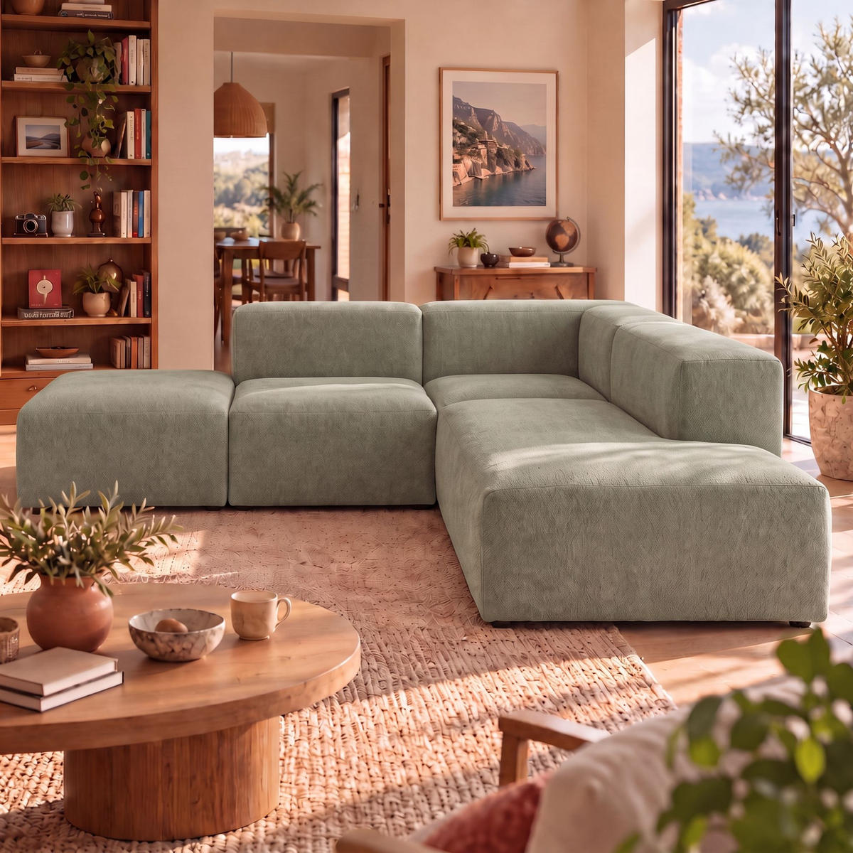 4-SITZER modulares Ecksofa HEAVEN SET 3 Rechts, Breite 270 cm Webstoff Grün - Schwarz/Grün, Holz/Kunststoff (270/245cm) - Muffo