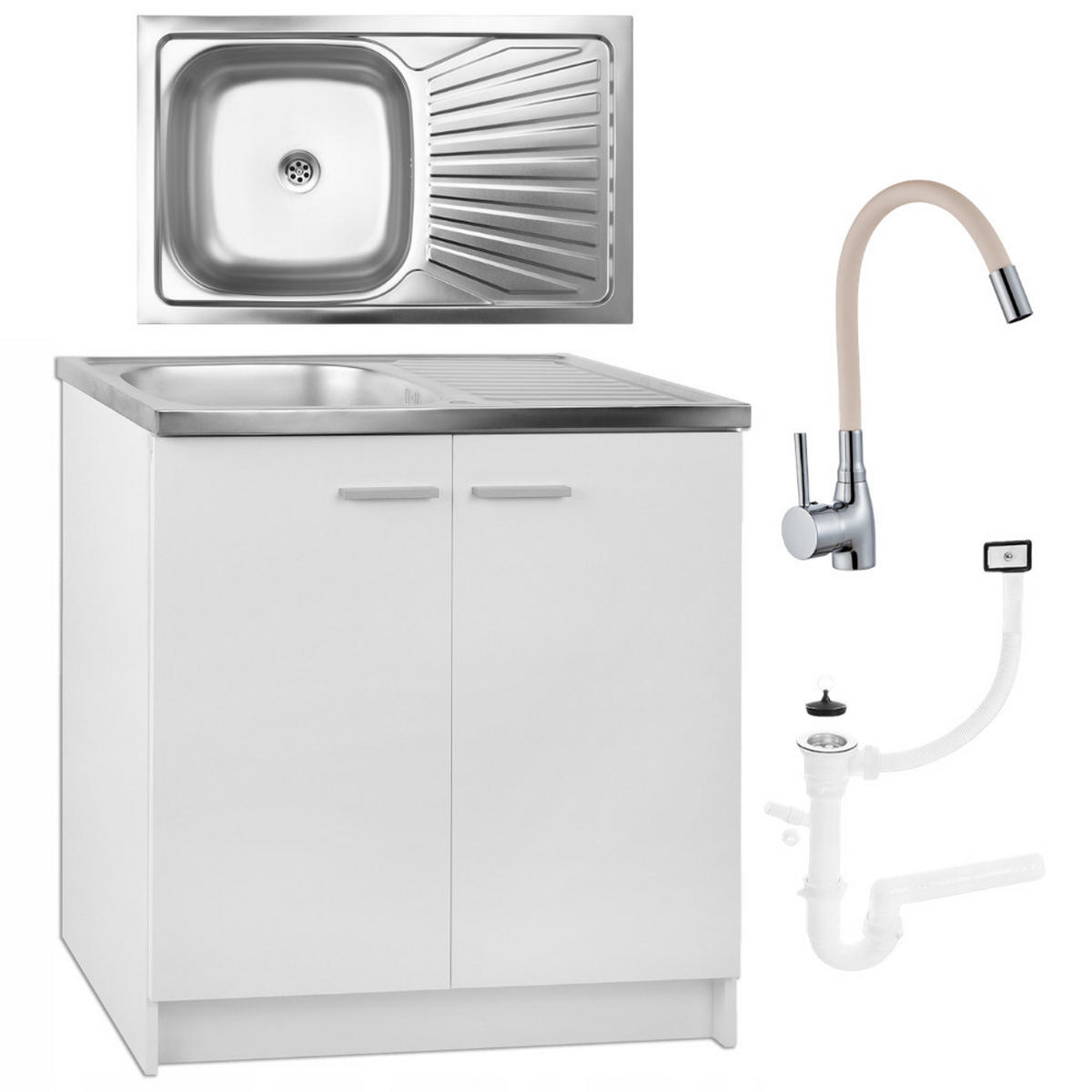SPÜLUNTERSCHRANK 80cm mit Spüle + Armatur weiß - Weiß, Holzwerkstoff (80/82/50cm) - Stamar