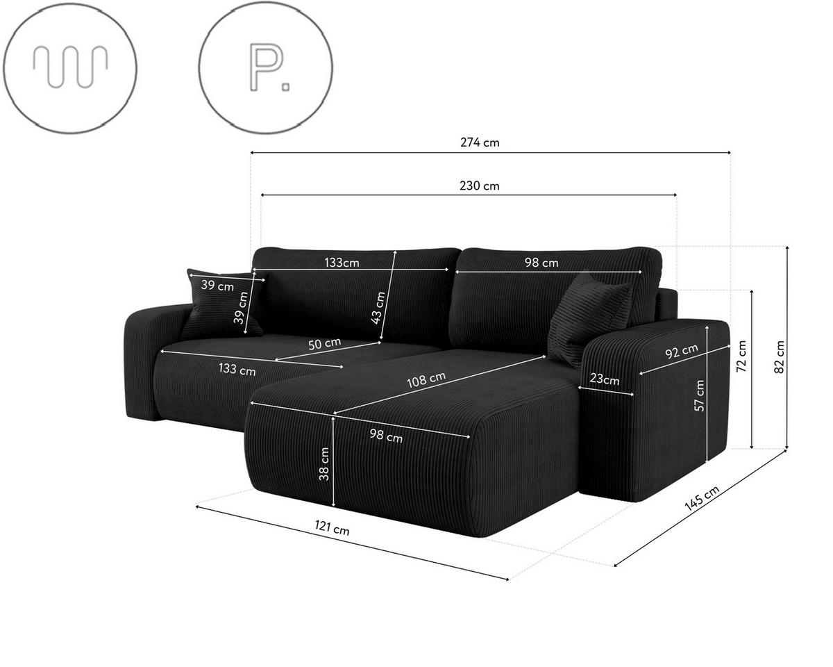 SCHLAFSOFA MILANO XL und bettkasten stoff Poso Dicker Cord Schwarz Rechts - Schwarz, Holz (274/82/145cm) - Kaiser Möbel