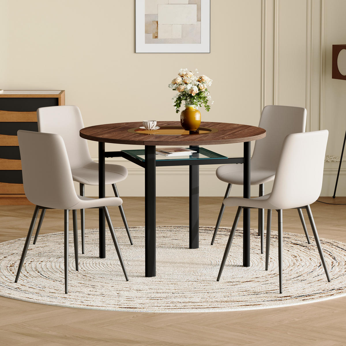 ESSGRUPPE DE-39352 5-teilig, rund mit 4 PU-Sesseln Warmgrau - Grau, Metall (100/76/100cm) - ComfortXL