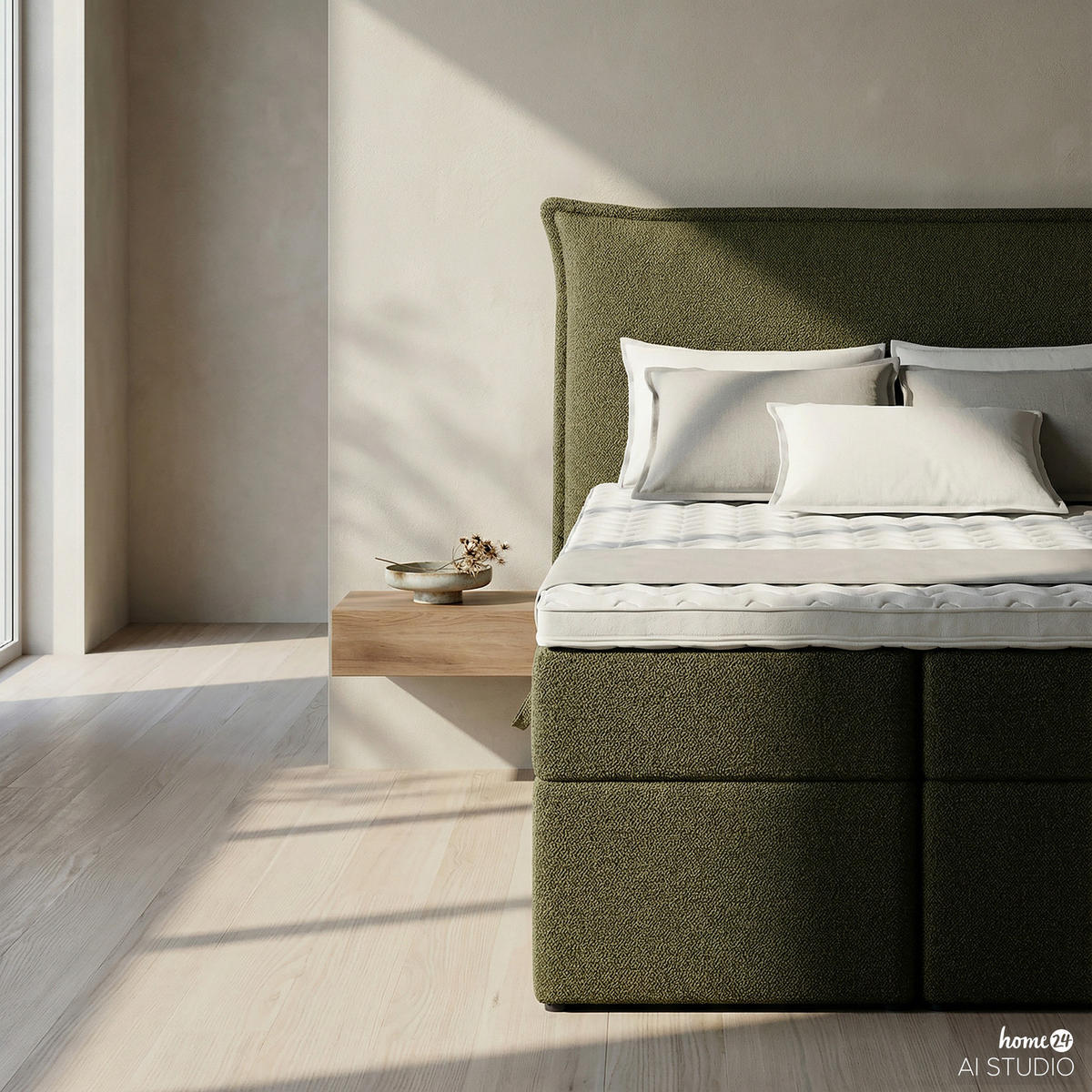 BOXBETT mit Stauraum - Bouclé - Olivgrün, Holzwerkstoff/Textil (120/200cm) - home24