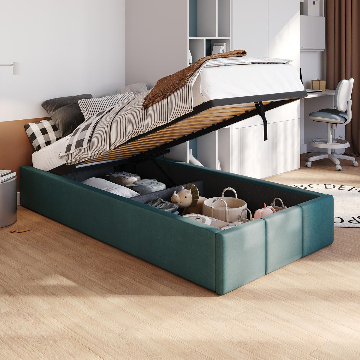 POLSTERBETT für Schlafzimmer Bett mit Stauraum Türkis 90x200cm - Türkis, Holzwerkstoff/Textil (90/200cm) - Muralo