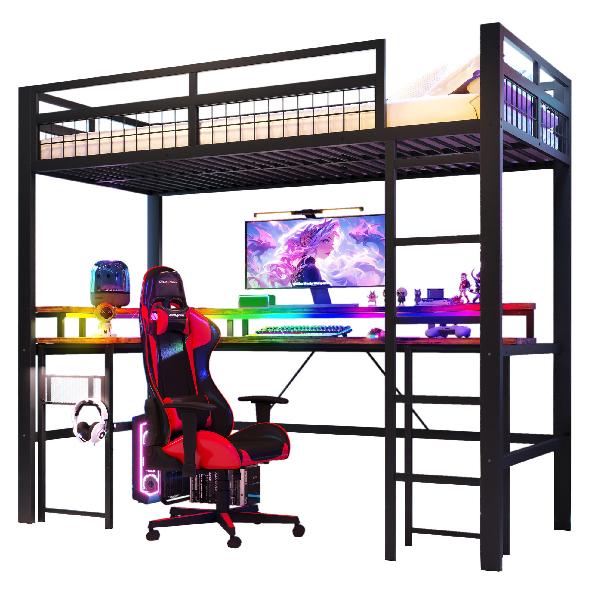 HOCHBETT 90/200 cm mit Schreibtisch, LED-Lichtleiste, USB, Typ-C, 2 Steckdosen und Lochwand, Eisen/MDF, Schwarz - Schwarz, Metall (90/200cm) - Redom