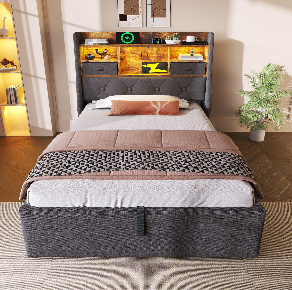POLSTERBETT 90/200 cm Grau mit Stauraum, LED und Matratze - Grau, Textil (90/200cm) - Flora Grace