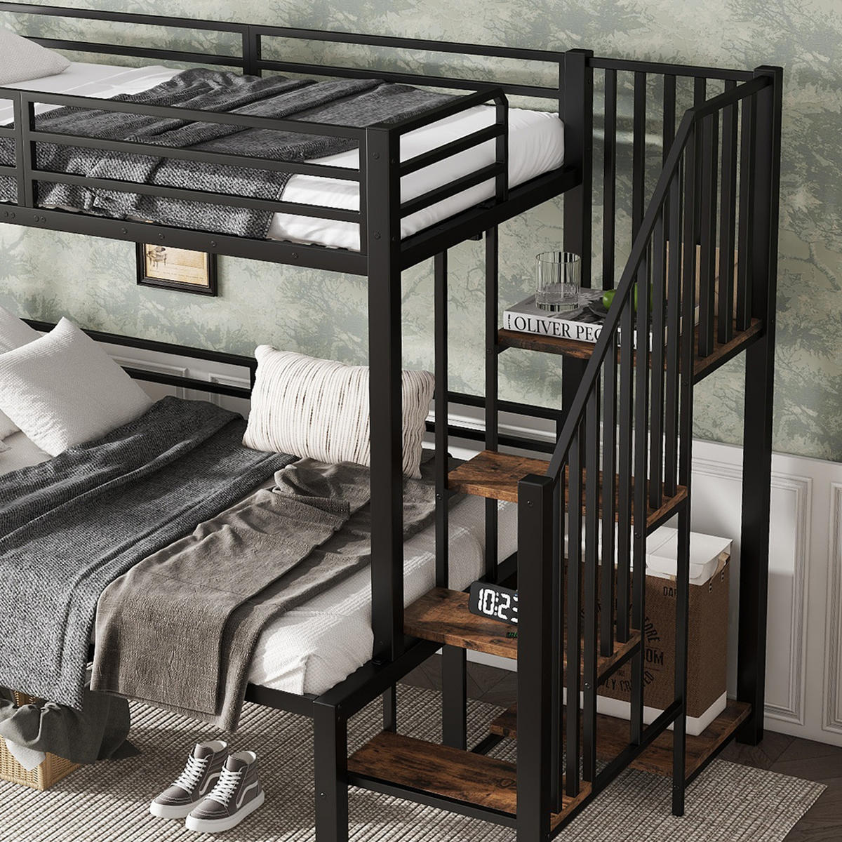 POSCHODOVÁ posteľ 90/200 a 120/200 cm čierna s úložným rebríkom z MDF a kovu - čierna, kompozitné drevo (90/200cm) - OKWISH