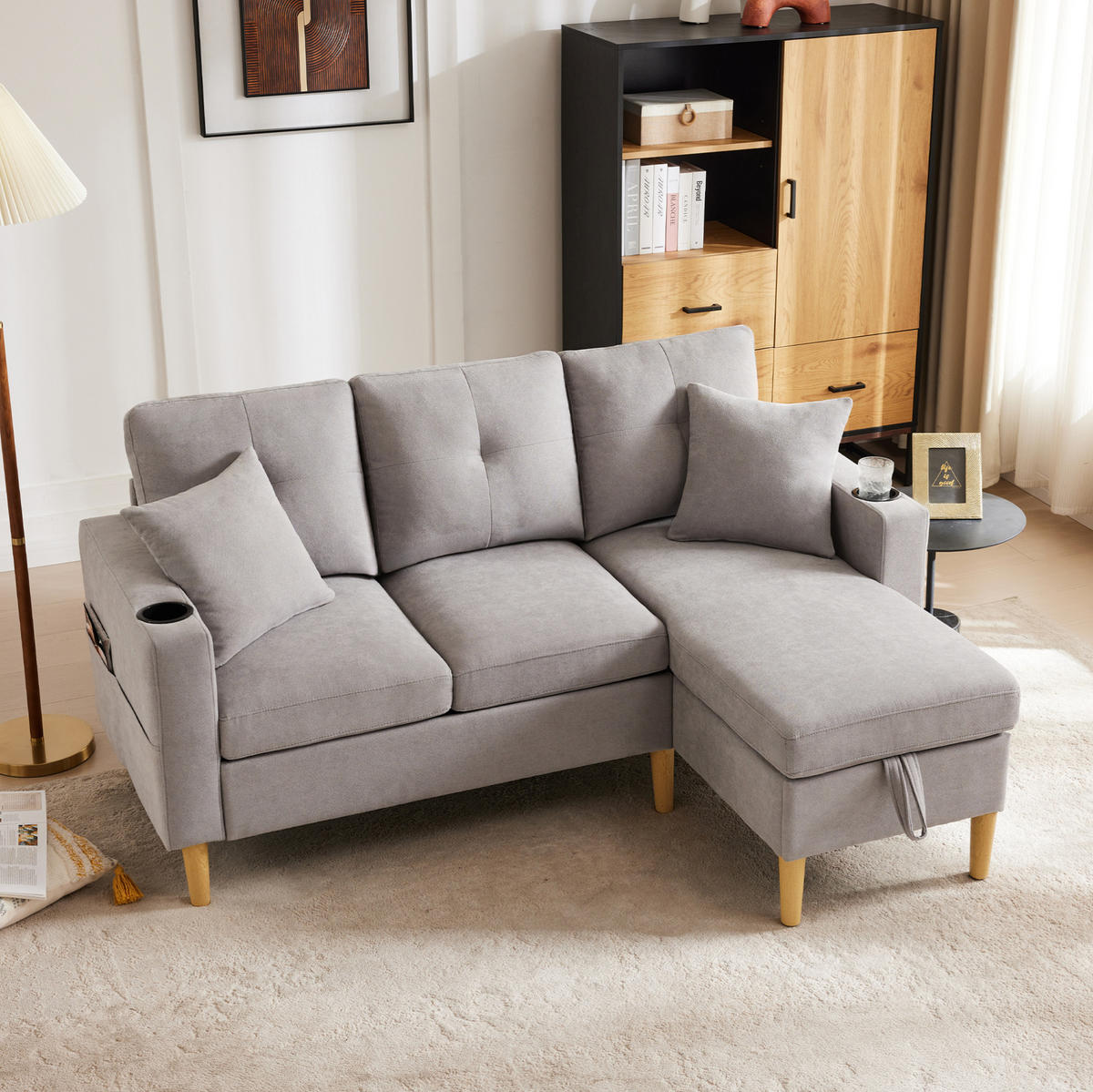 ECKSOFA Baumwolle-Leinen mit Stauraum und Getränkehaltern 175/129/90 cm Hellgrau mit 2 Kissen - Hellgrau, Textil (175/129cm) - Redom
