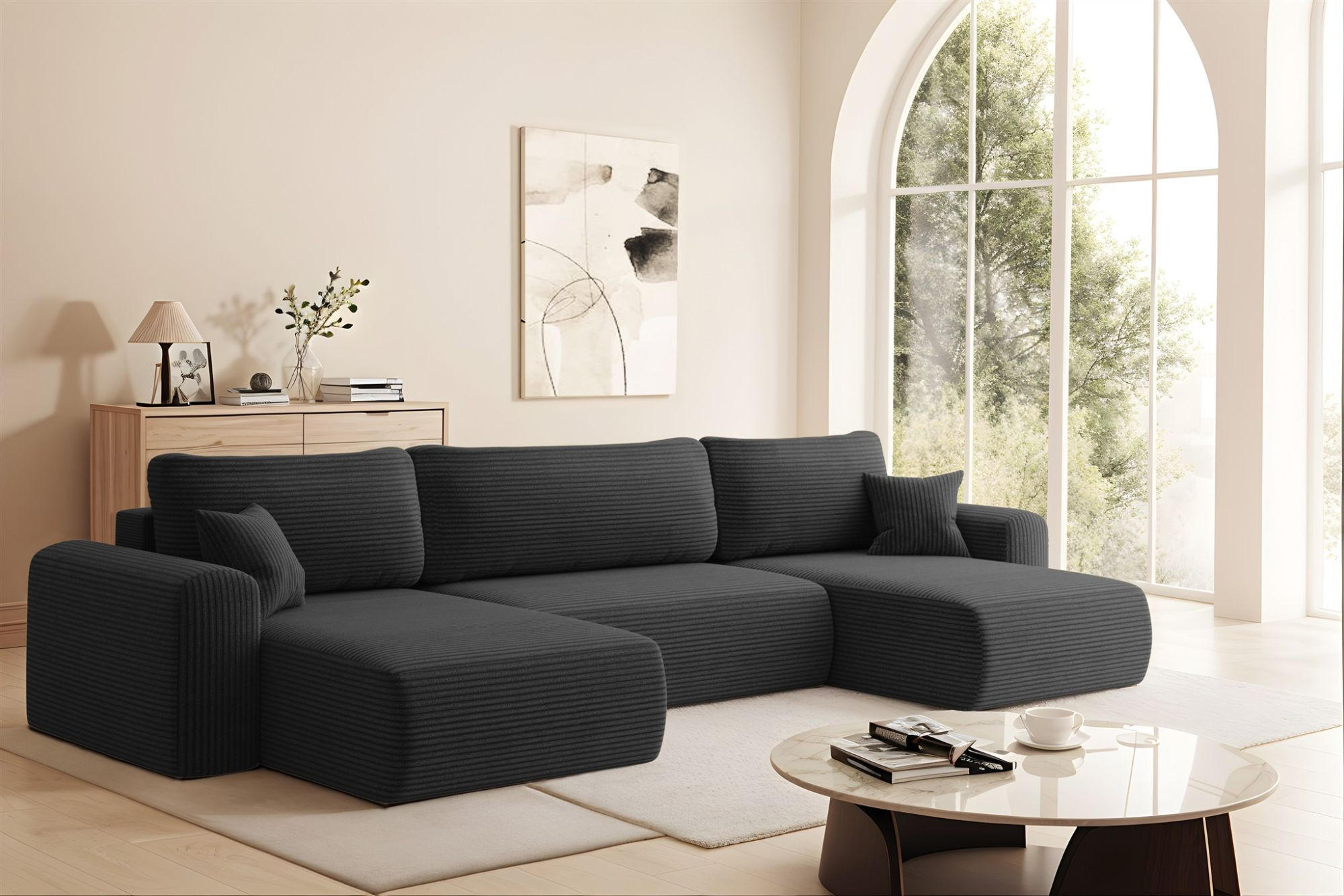 WOHNLANDSCHAFT Flora In Poso - Schwarz, Holzwerkstoff/Textil (362/83/145cm) - Fun Möbel