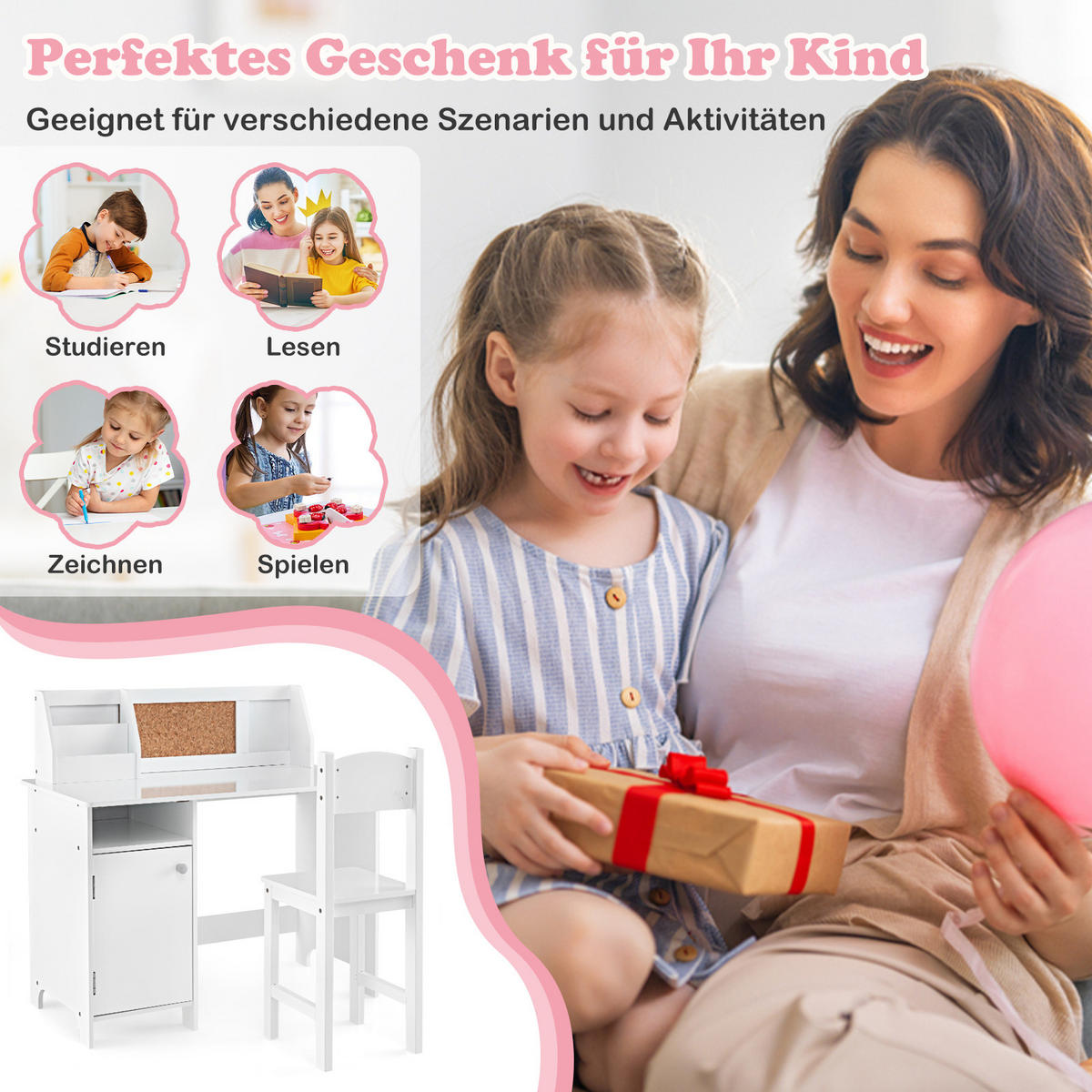 KINDERSCHREIBTISCH mit Stuhl weiß(2-tlg) - Weiß, Holzwerkstoff (90/85.5/45cm) - COSTWAY