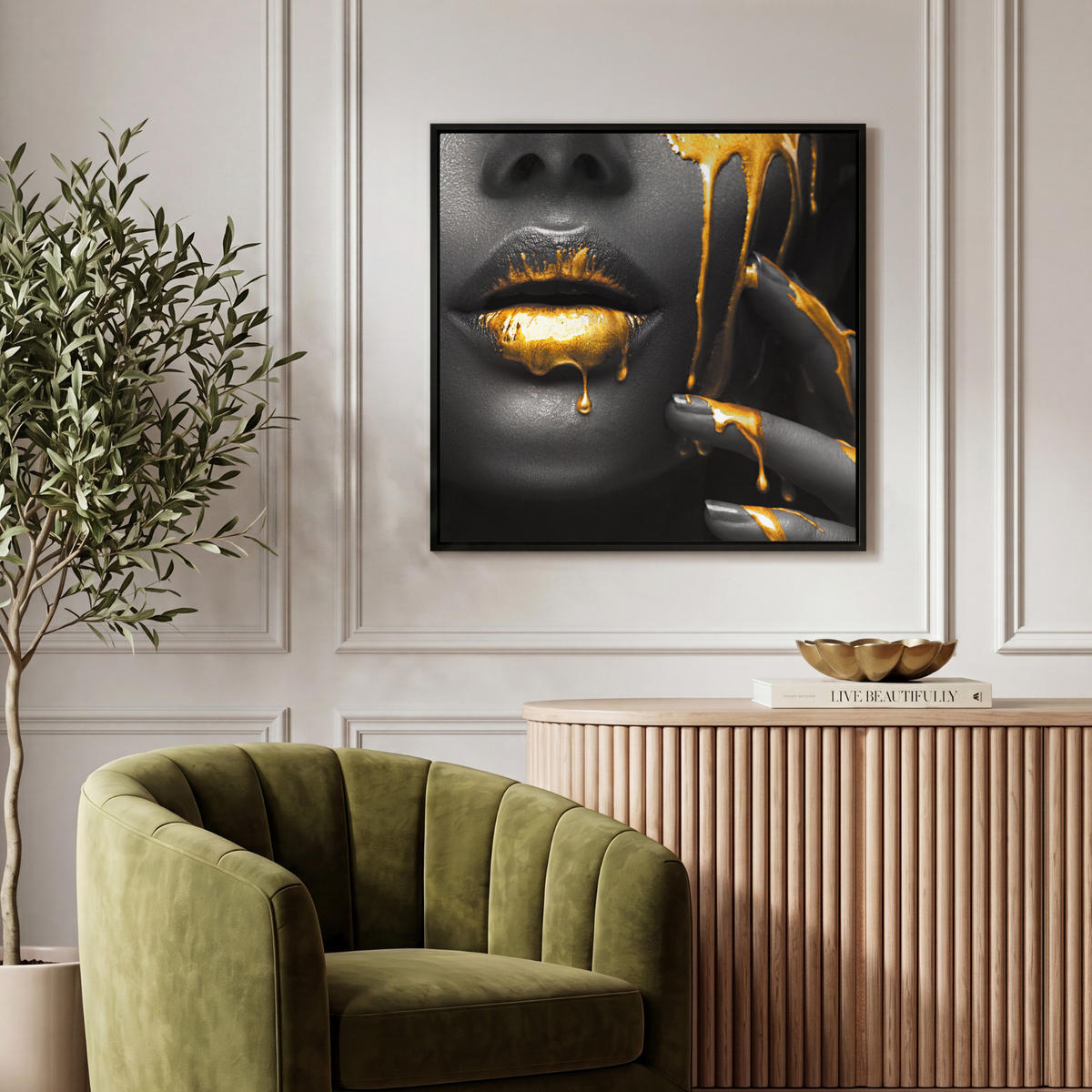 LEINWAND Bilder mit Rahmen - Frau - Schwarz - Gold - Gesicht - Lippen - 50x50 - Goldfarben, Textil (50/50cm) - MuchoWow