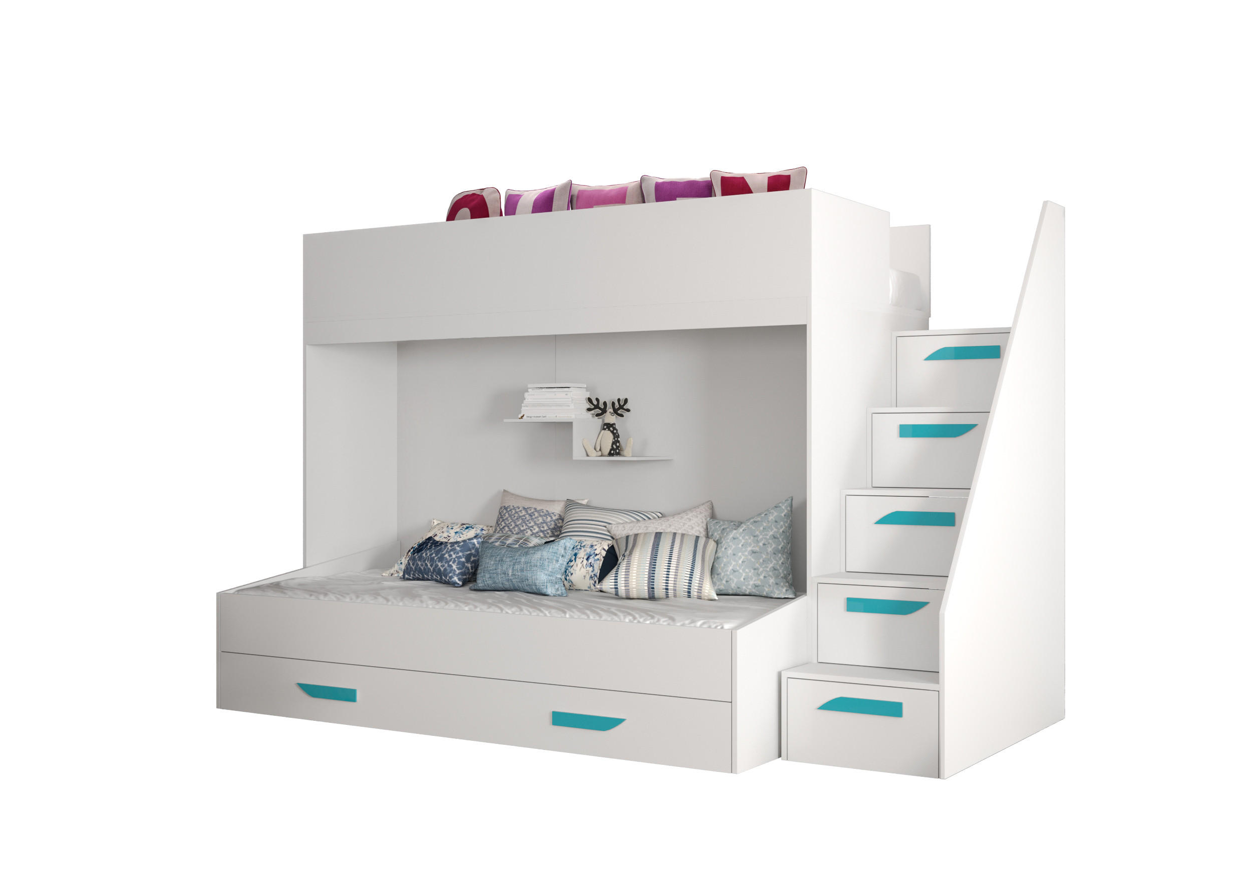 Abiks Möbel Etagenbett Weiß, Weiß, Türkis 90x200 cm