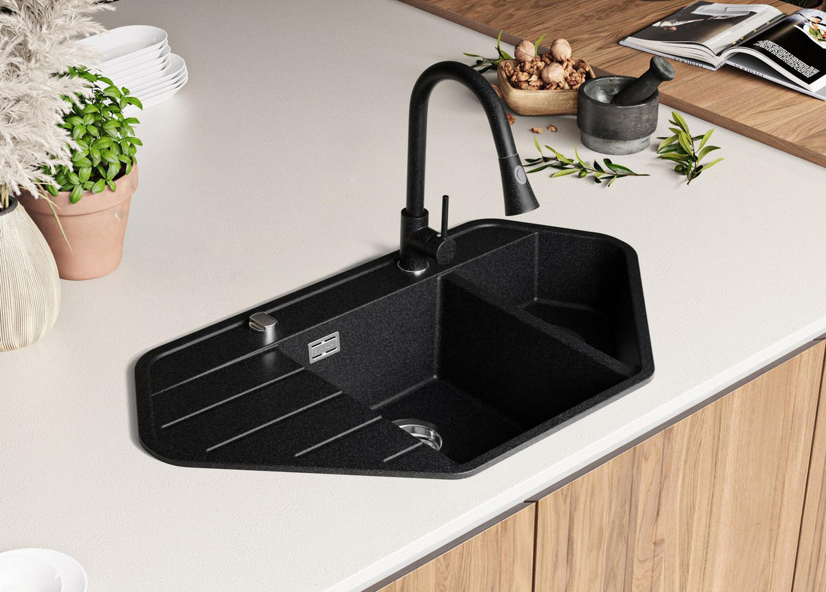 ECKSPÜLE Kopenhagen Corner, 2-er set Anthrazit 90/50 cm 1,5 Becken + Ablauf-Set ab 70er Unterschrank - Chromfarben/Anthrazit, Kunststoff (90/18/50cm) - Primagran