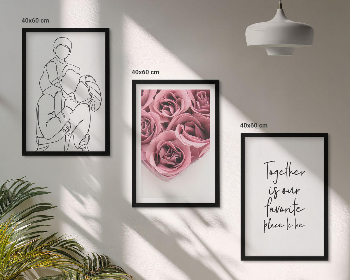 BILDER SET 3er Set - 40x60 cm Schwarzer Rahmen - Rosensträuße als Familienzeichnung - Schwarz, Kunststoff (40/60cm) - TULUP