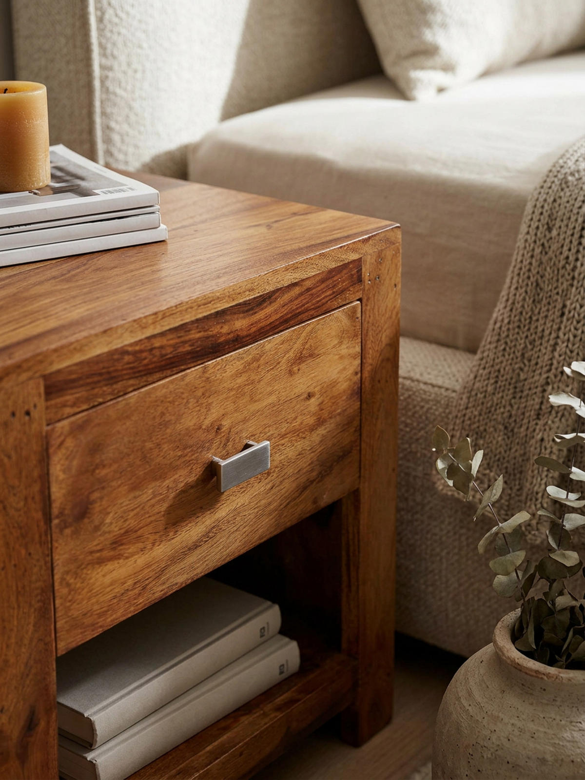 NACHTTISCH – Massivholz, Landhausstil, Ablage & Schublade, Griff verchromt - Braun, Holz/Metall (40/40/30cm) - KADIMA DESIGN