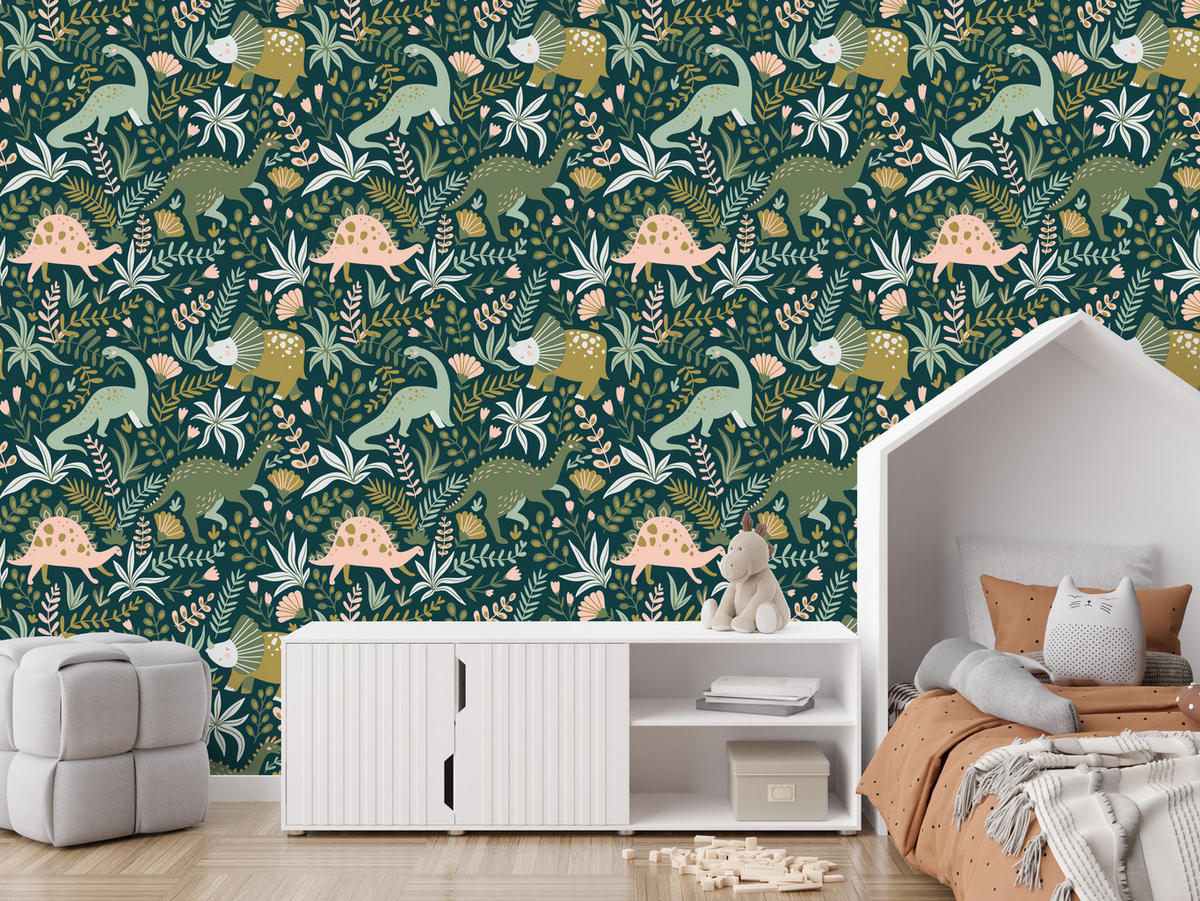 VLIESTAPETE Dinosaurier und Blätter – Grün, Beige, Petrol – 50x1000 cm - Beige/Petrol, Papier (50/1000cm) - Muralo
