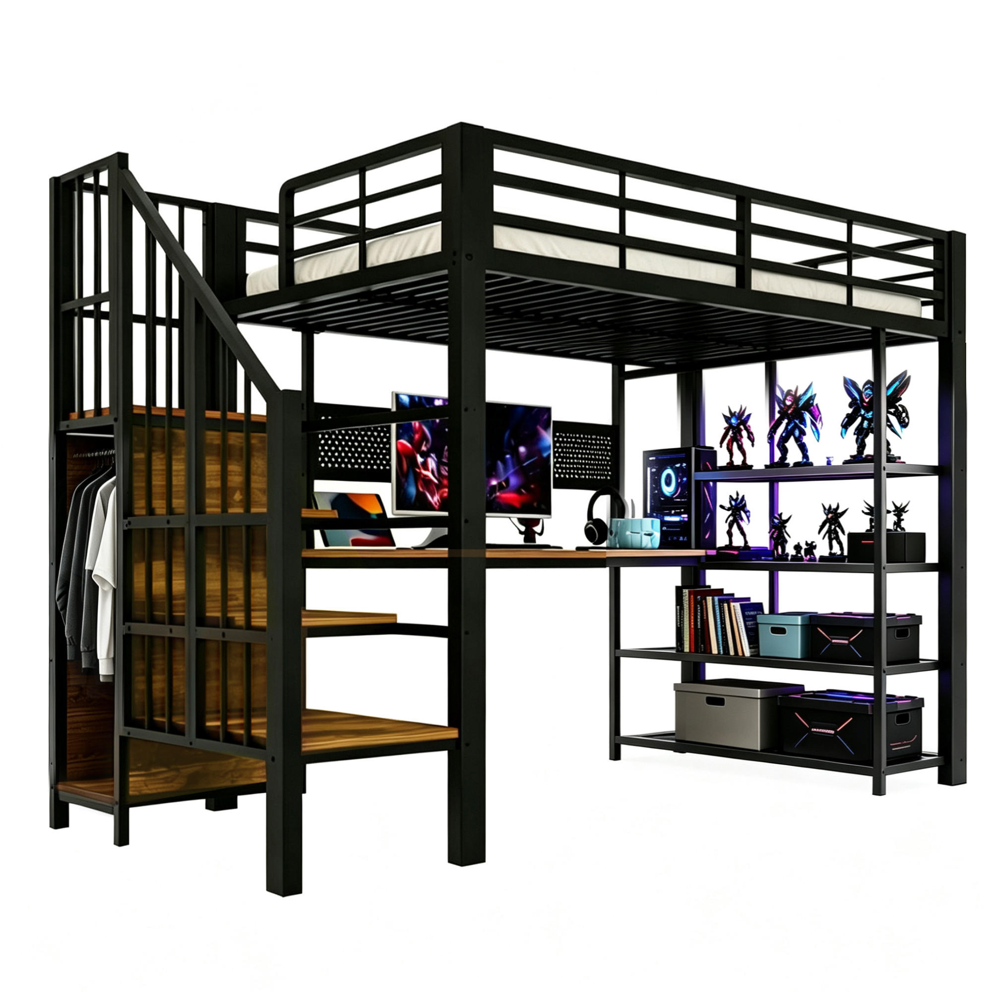 HOCHBETT 90/200 cm in Schwarz mit Treppe, LED und Steckdosen - Schwarz, Holzwerkstoff/Metall (90/200cm) - WISHDOR
