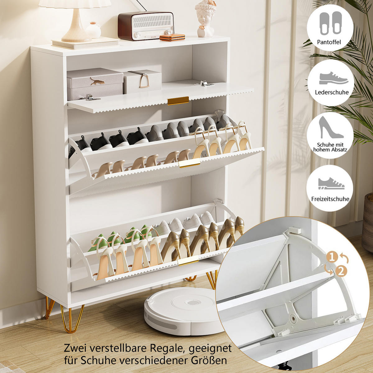 SCHUHSCHRANK mit 3 Türen und goldfarbenen Füßen, Flurschrank, 80 x 24 x 118 cm, weiß - Goldfarben/Weiß, Holzwerkstoff/Metall (24/118/80cm) - GENKI LIVING