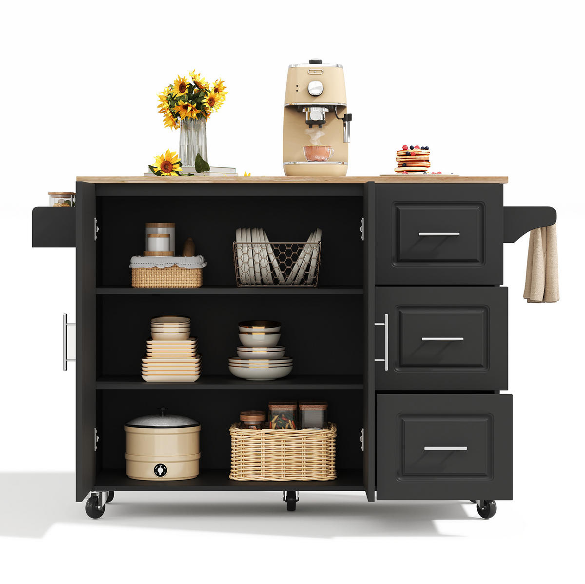 KÜCHENINSEL 137x76x92cm Schwarz mit Klappplatte, Schrank, 3 Schubladen & Rollen - Schwarz, Holzwerkstoff (137/92/76cm) - Modfu