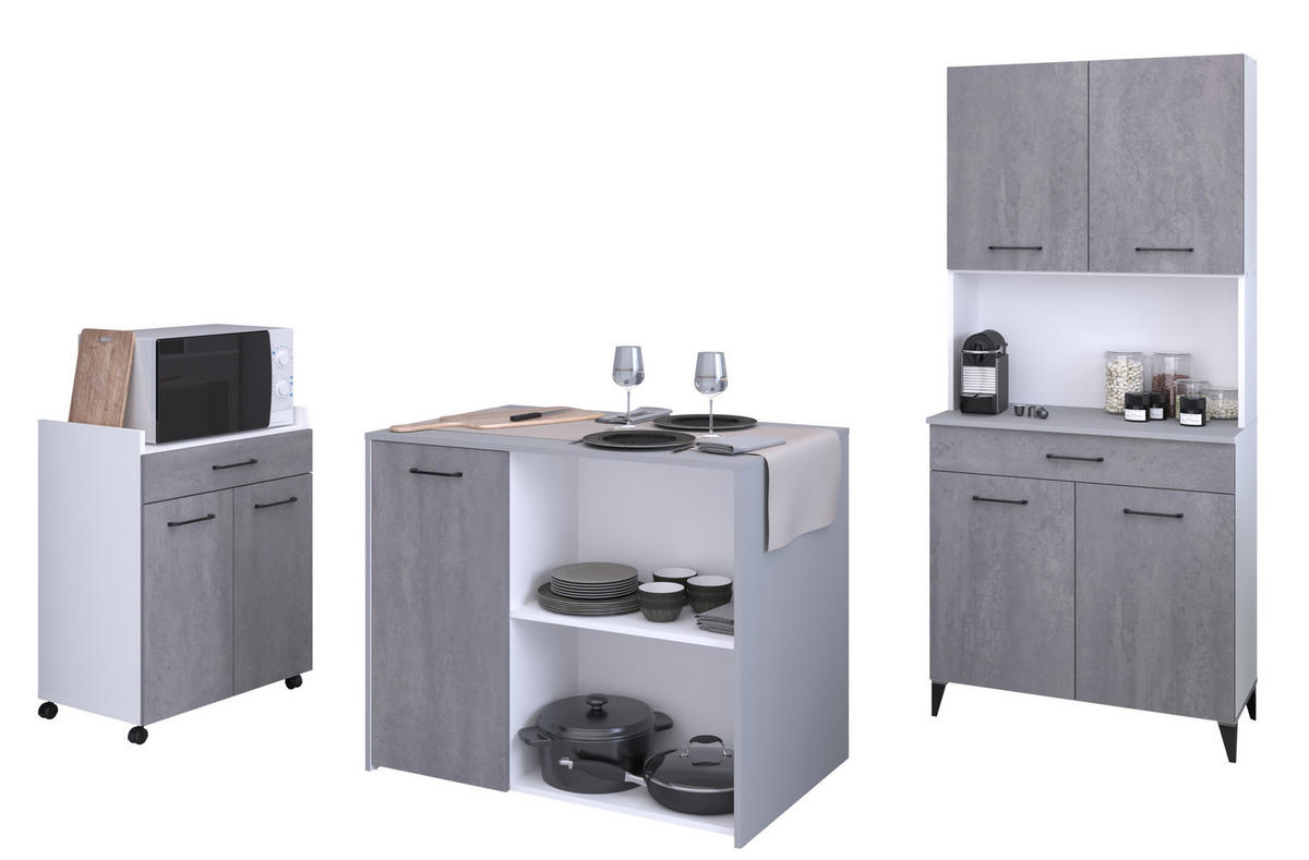 KÜCHENMÖBEL Malice 5 in Weiß und Beton 3teilig Küchenbuffet mit Beistellschrank und Kücheninsel - Weiß, Holzwerkstoff (80/200/120cm)