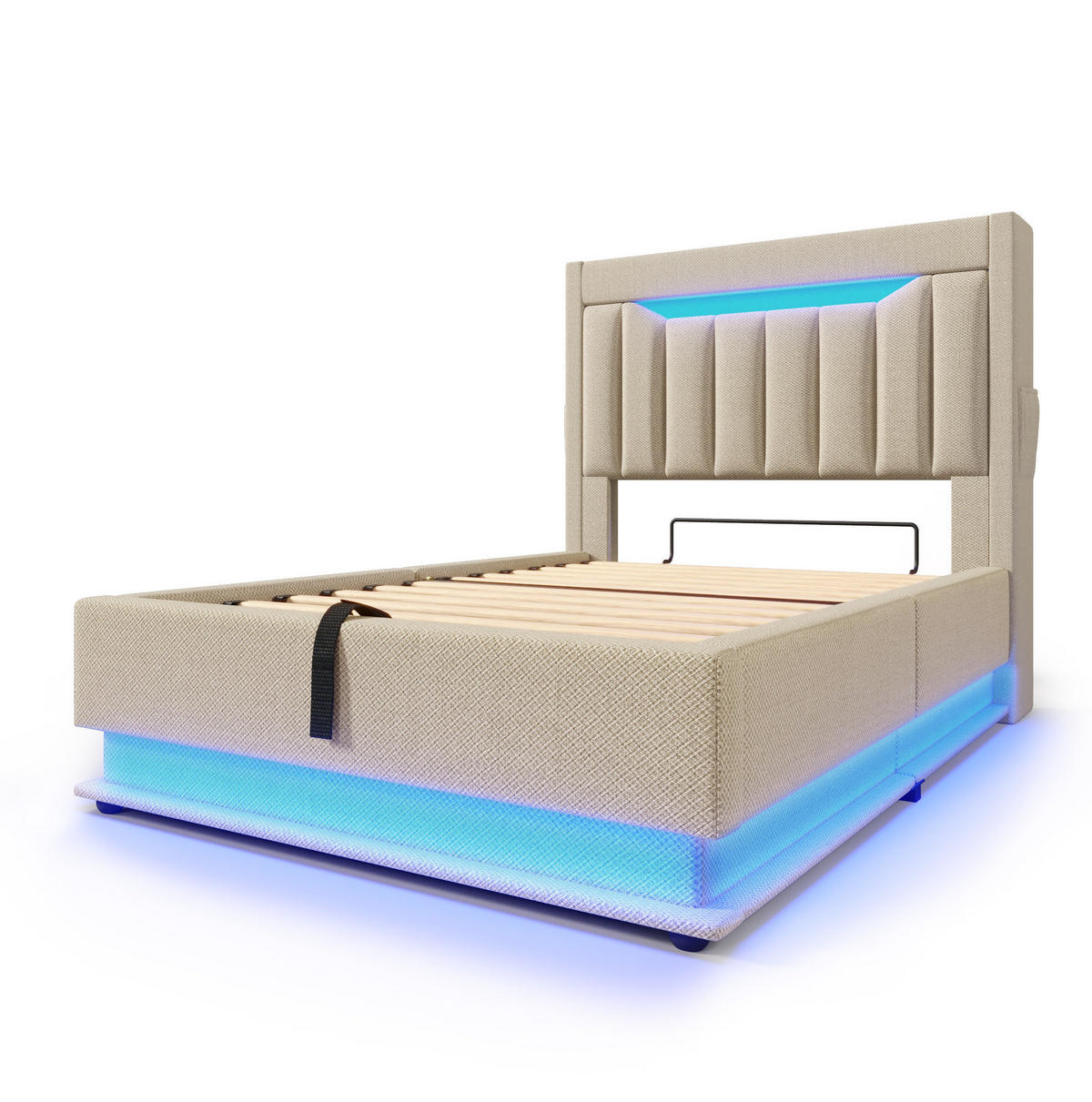 POLSTERBETT mit Stauraum 90x200 cm Leinen Beige mit LED und USB - Beige, Metall (90/200cm) - Meubliv