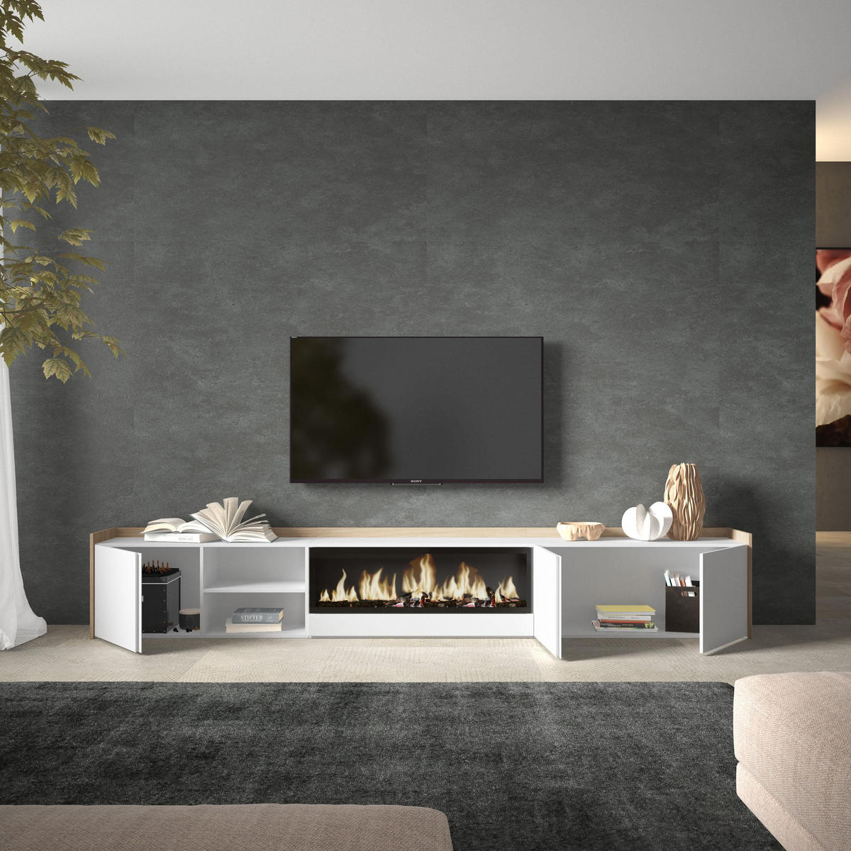 LOWBOARD, Weiß und Eiche, 315/35/50cm, Kamin mit Feuereffekt XXL - Weiß, Holzwerkstoff (315/50/35cm) - Skraut Home