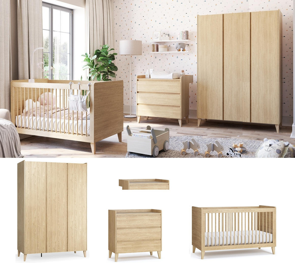 BABYZIMMER Maya Set B - 4-teilig - Eiche geölt - Eichefarben, Holz/Holzwerkstoff (140/204/60cm) - QMM TraumMöbel