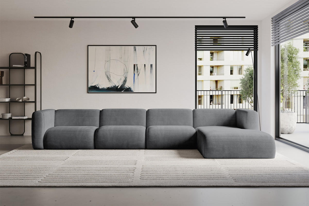 ECKSOFA Ottomane Rechts MIRA-L3 409x179x70 Dunkelgrau Cord - Dunkelgrau/Schwarz, Holzwerkstoff/Kunststoff (409/179cm) - ALTDECOR