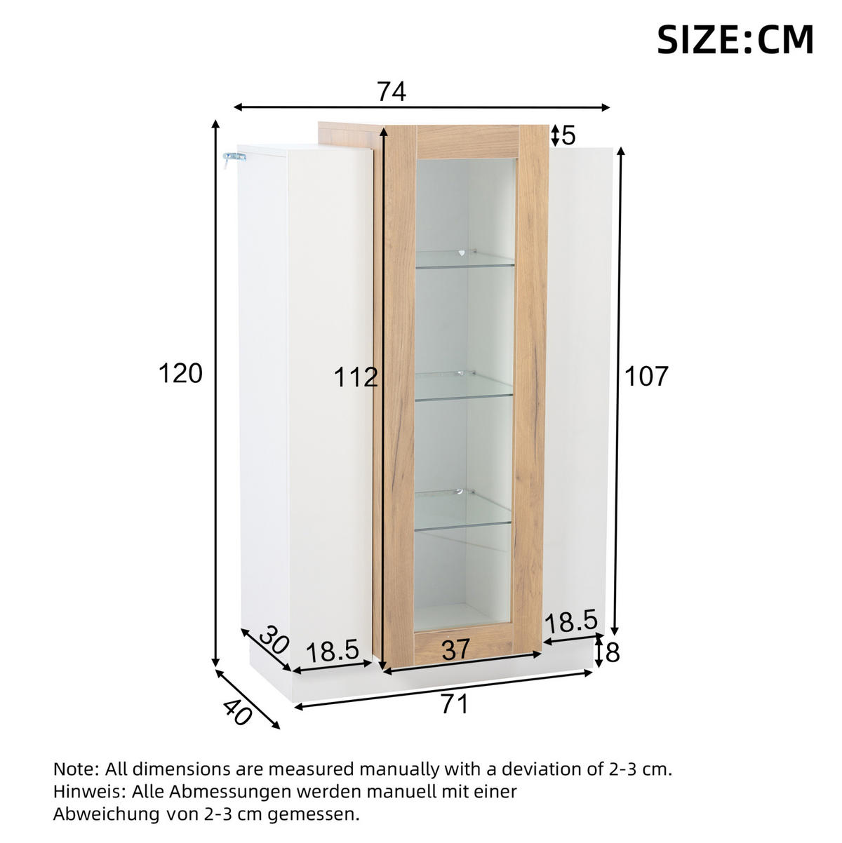 VITRINE 74/40/120 cm in Weiß/Natur mit 3 Türen und LED-Beleuchtung - Weiß, Holzwerkstoff (74/120/40cm) - Flora Grace