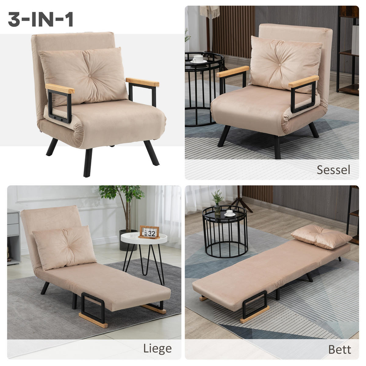 SCHLAFSESSEL, Einzelsofa mit Bettfunktion, Relaxsessel mit Rückenkissen Beige - Beige/Schwarz, Holz/Textil (73/81/63cm) - HOMCOM