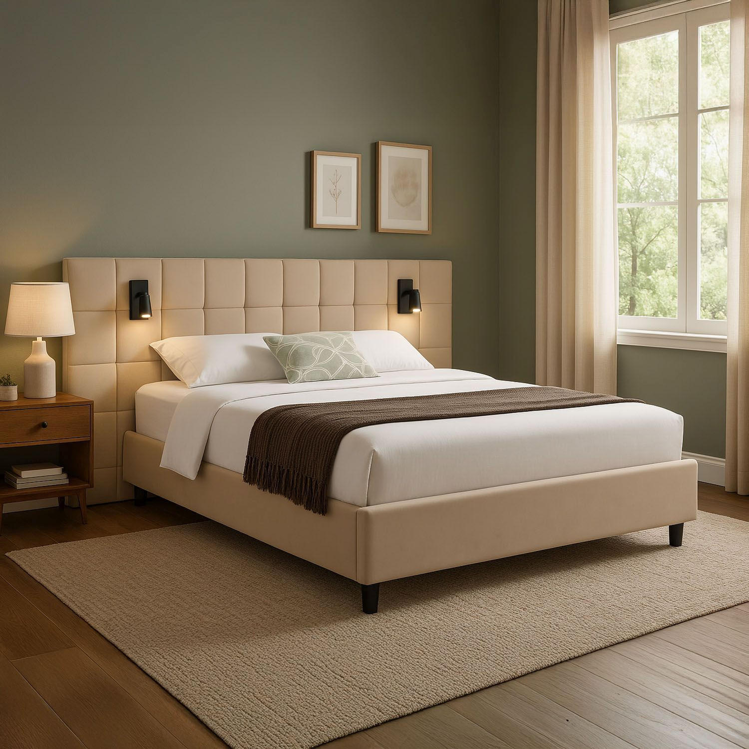 POLSTERBETT Luzano Beige Samt mit Leselicht und Matratze - Beige, Holz (140/200cm) - Juskys