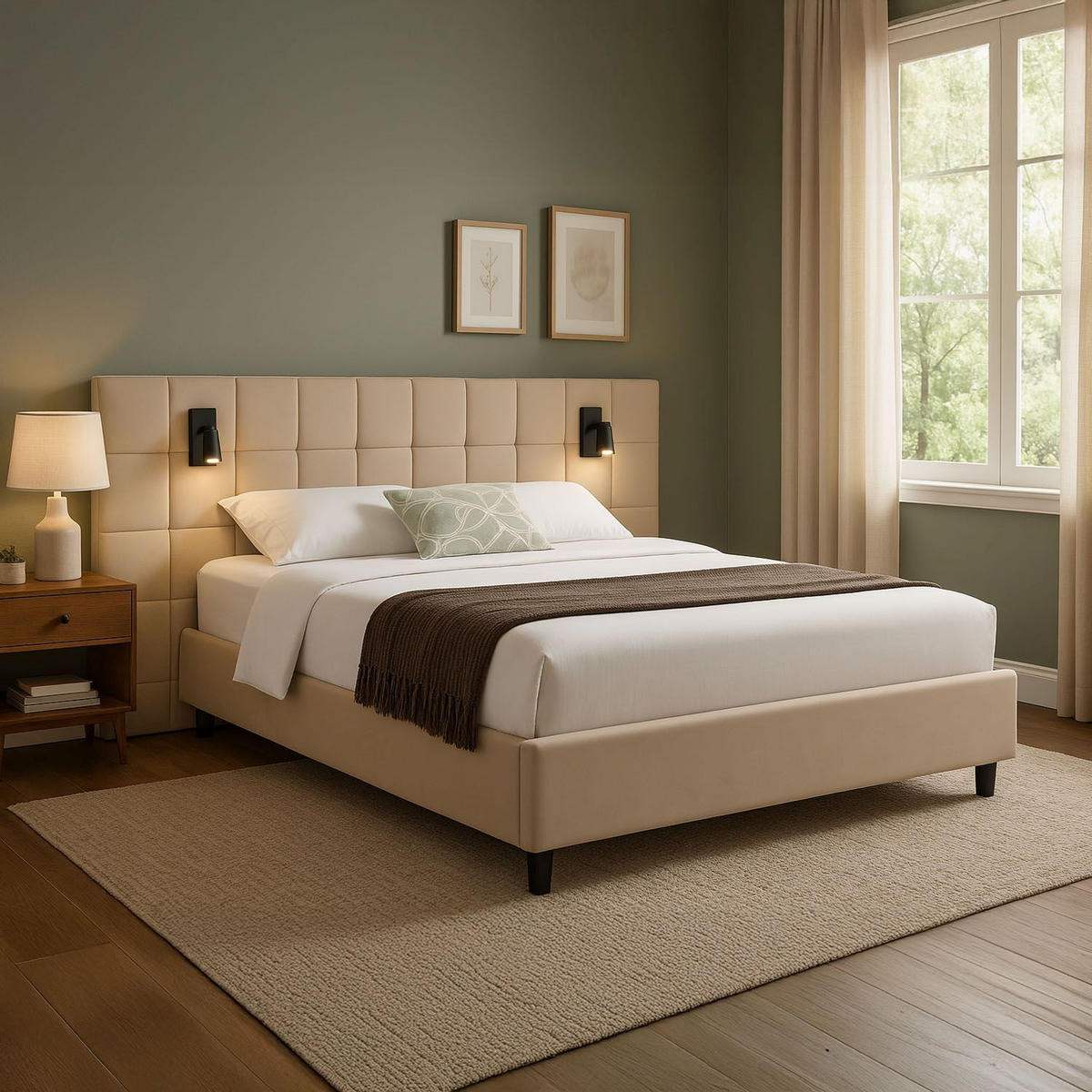 POLSTERBETT Luzano Beige Samt mit Leselicht und Matratze - Beige, Holz (140/200cm) - Juskys