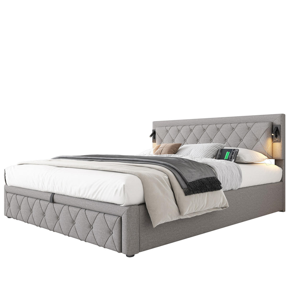 POLSTERBETT 180/200 cm aus Leinen mit Downlights, USB-Anschlüssen, hydraulischem Bettkasten und Lattenrost, Grau - Grau, Textil (180/200cm) - Redom