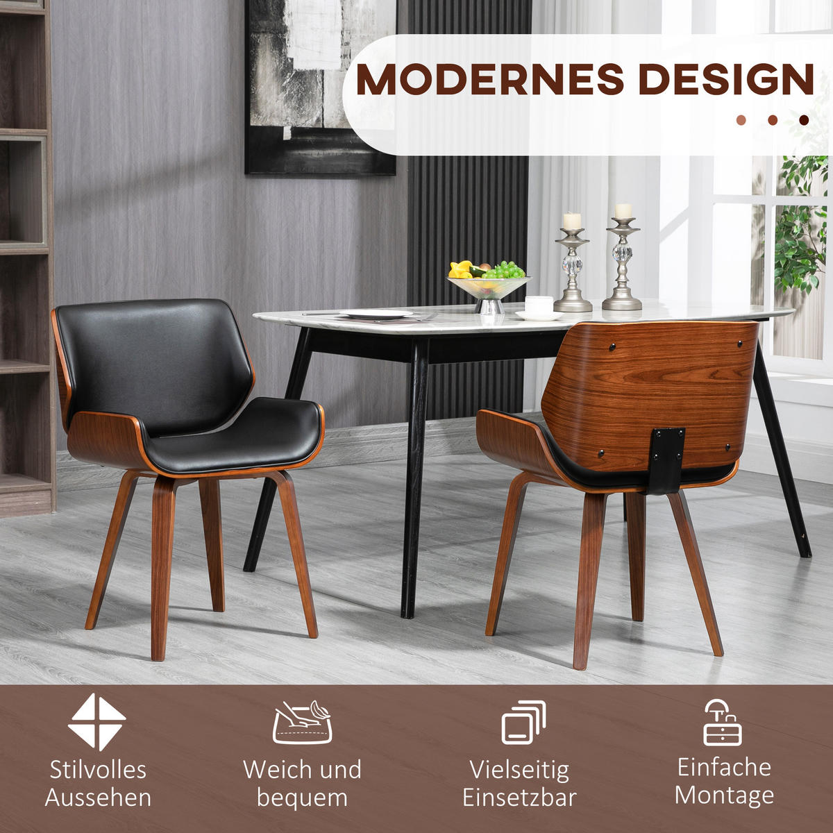 ESSSTÜHLE 2er Set Kunstleder Holz Schwarz - Schwarz, Holz (53/81/54cm) - HOMCOM