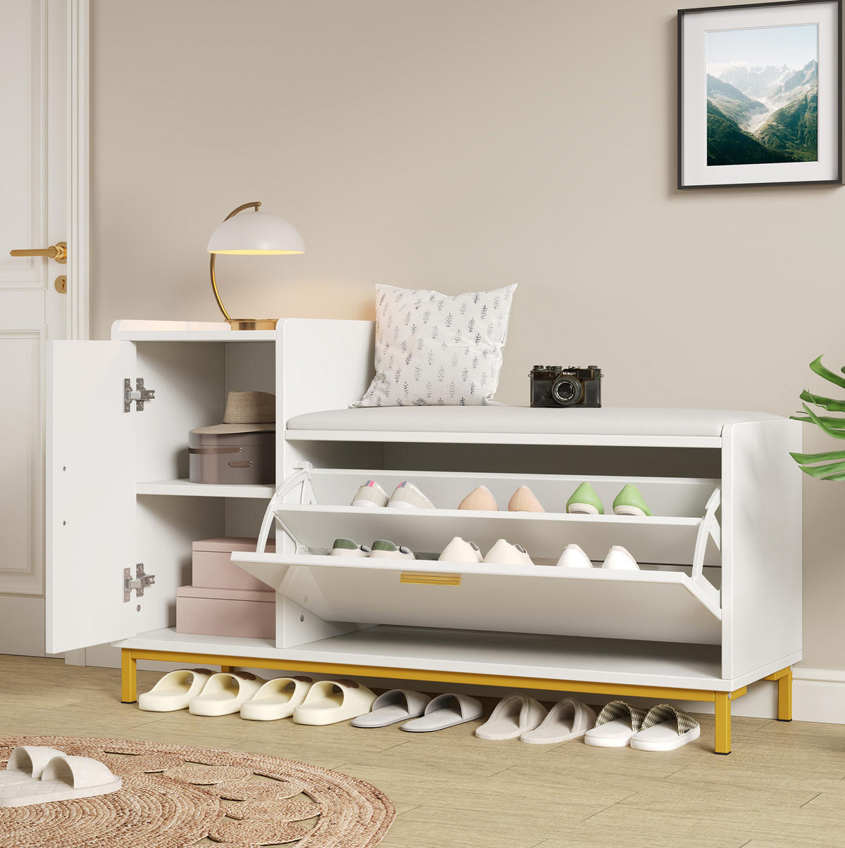 SCHUHSCHRANK 100/68/38 cm Weiß/Gold aus Spanplatte und Metall mit Sitzkissen - Weiß, Holzwerkstoff (100/68/38cm) - OKMYHOME