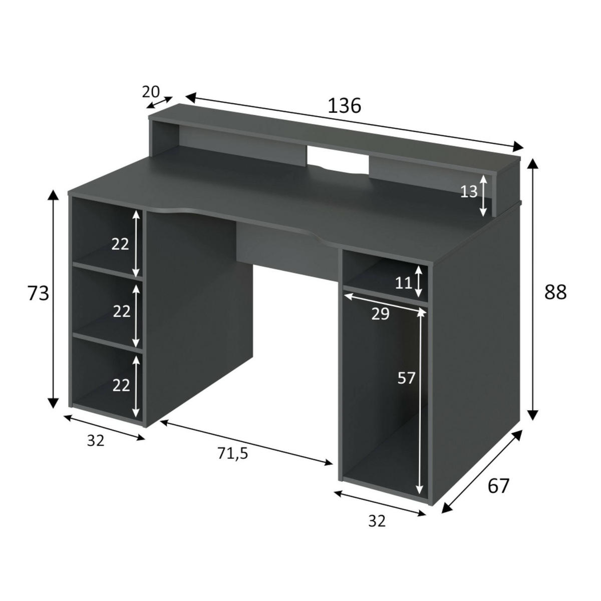 SCHREIBTISCH Anthrazit 67/136/88 cm - Grau, Holzwerkstoff (67/136/88cm) - DMORA