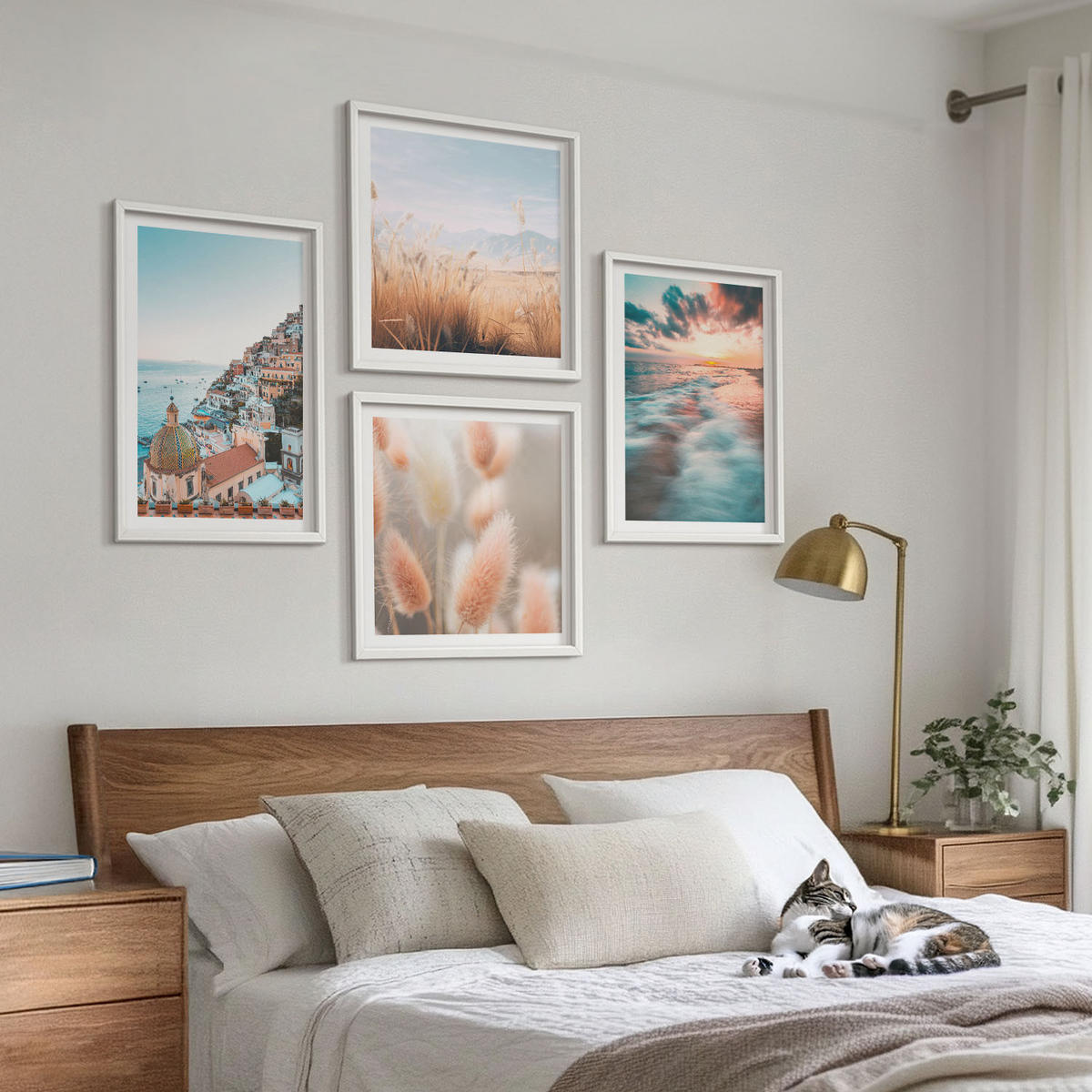 BILDER SET 4er Set - 50x50 cm & 40x60 cm Weißer Rahmen - Sonnenuntergang am Meer, Häuser, Blumen - Weiß, Kunststoff (50/50cm) - TULUP