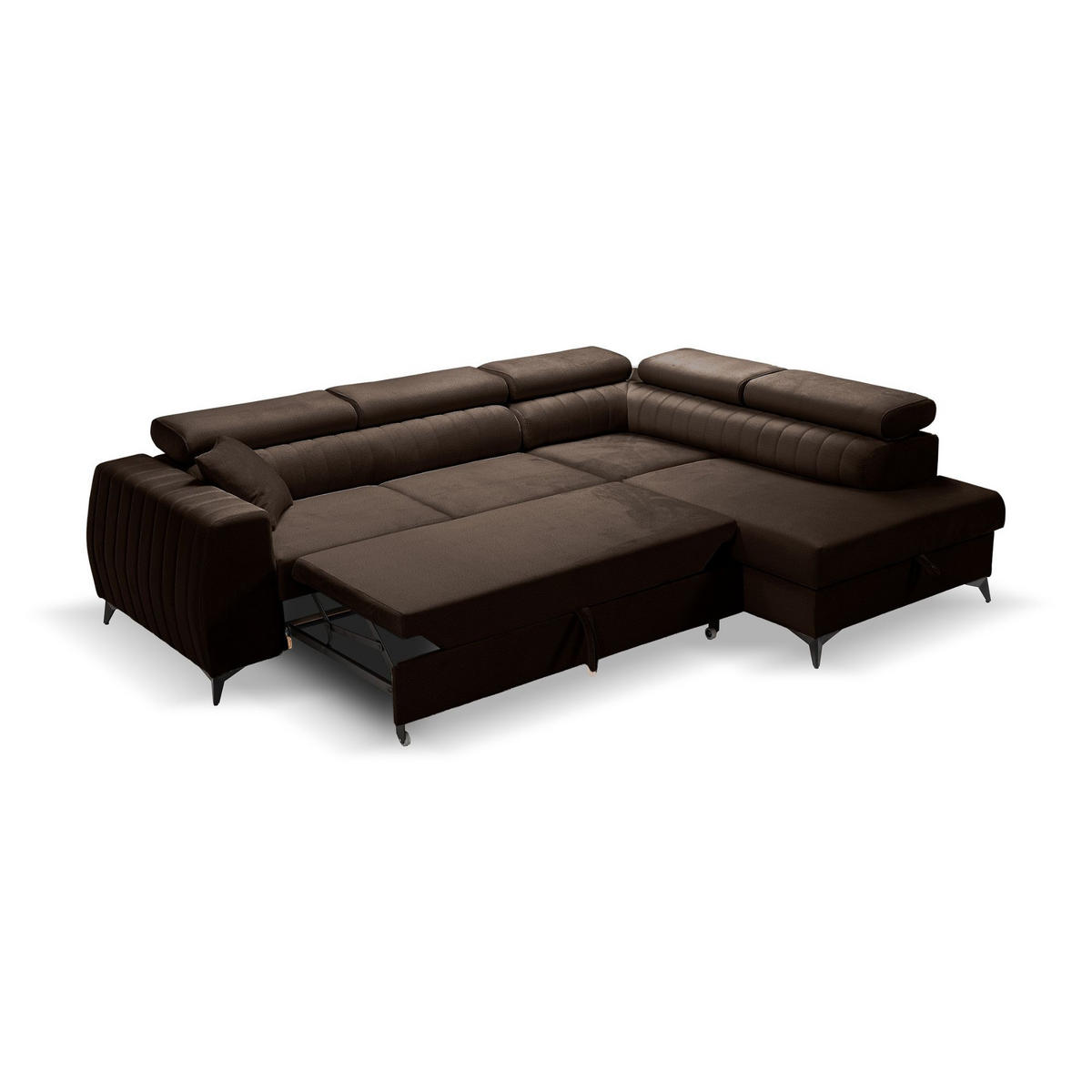 ECKSOFA PIERO L Rechts mit Schlaffunktion 195x125 Velours Braun - Schwarz/Braun, Holz/Textil (203/268cm) - Muffo