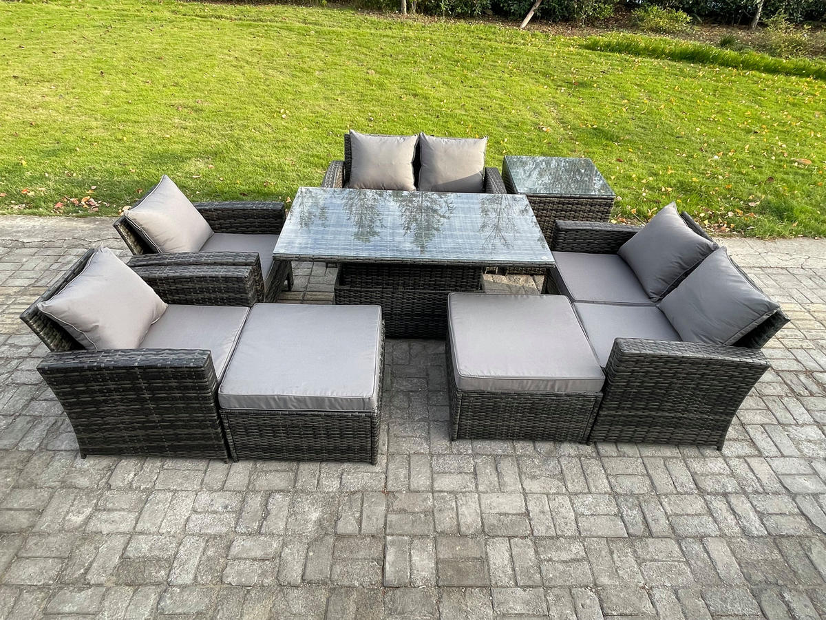 GARTENMÖBEL SET mit höhenverstellbarer Tisch Polyrattan Dunkelgrau 8-Sitzer - Dunkelgrau, Metall - Fimous