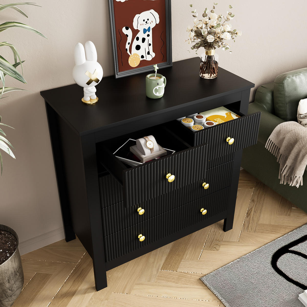 SIDEBOARD mit Spezialtüren, fünf Schubladen und Goldgriffen vielseitig als Schuhschrank Schminktisch - Schwarz, Holzwerkstoff (79/80.05/39.5cm) - EVRYAE