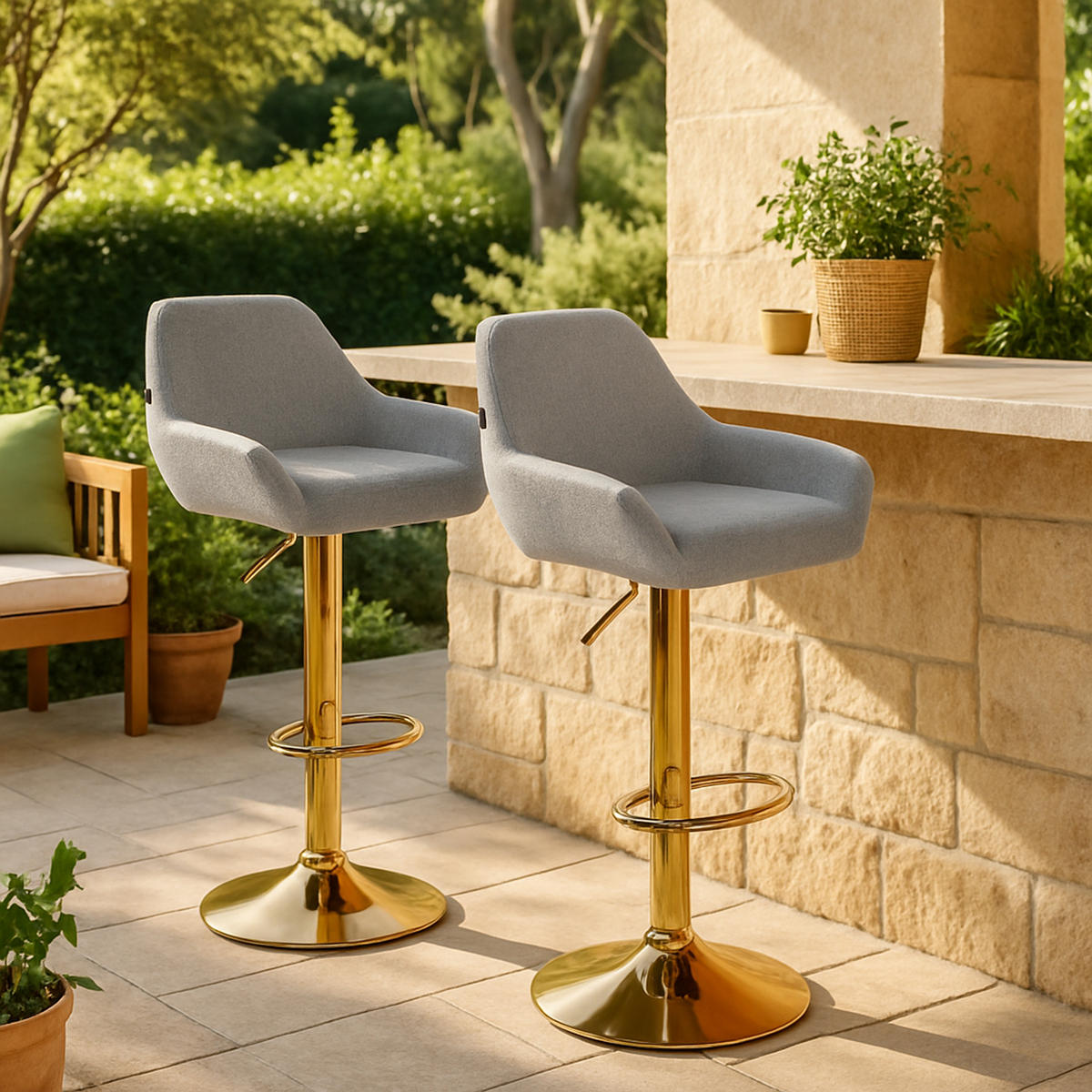 BARHOCKER 2er Set Prag Gold Stoff grau - Goldfarben/Grau, Textil/Metall (51/109/52cm) - TPFLiving