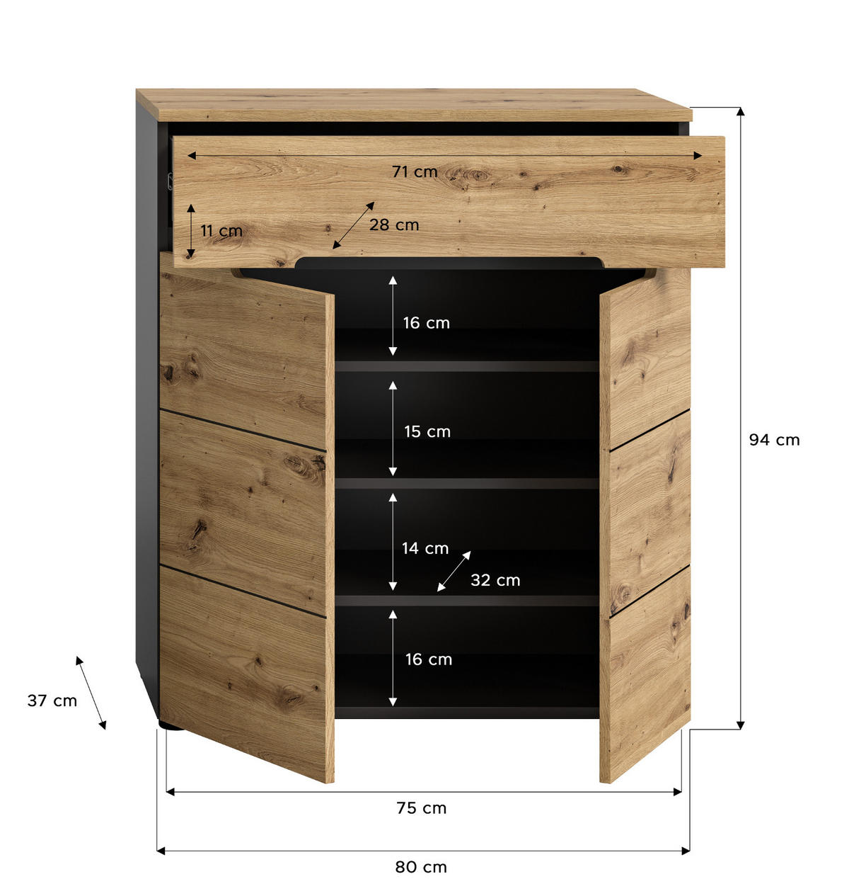 SCHUHSCHRANK Flurkommode Eiche Artisan und grau 80 cm, mit Soft-Close - Schwarz/Eiche Artisan, Holzwerkstoff/Kunststoff (80/94/37cm) - Inn.Furn