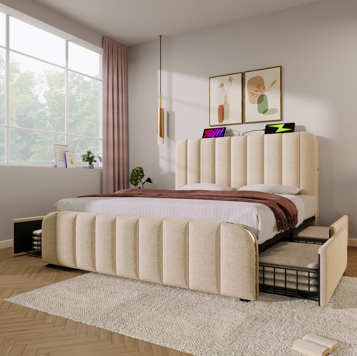 POLSTERBETT mit Matratze, USB und 4 Schubladen 160x200 cm Beige Leinen - Beige, Metall (160/200cm) - Meubliv